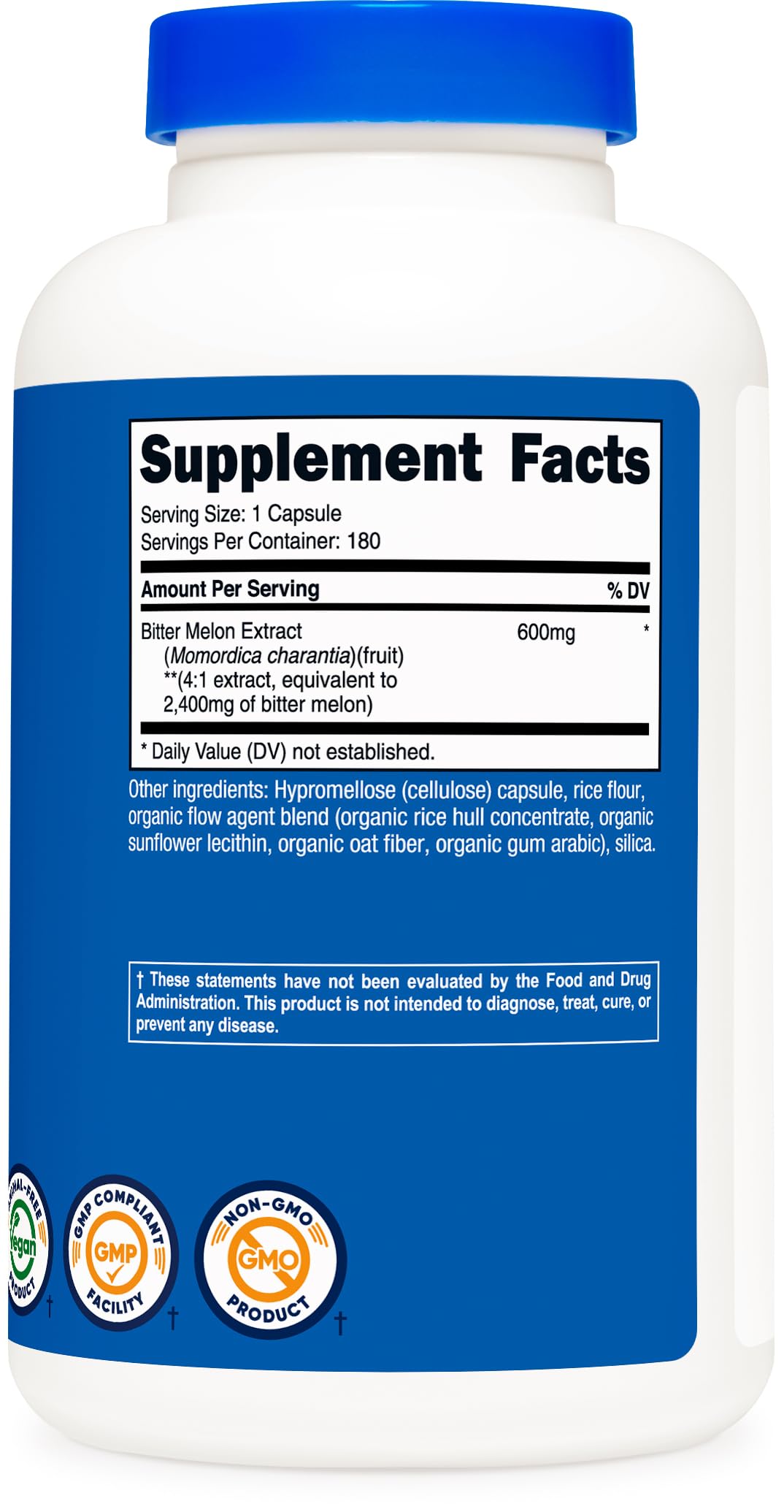 Etiqueta Nutricost Bitter Melon con información de 600 mg por cápsula y garantías de calidad