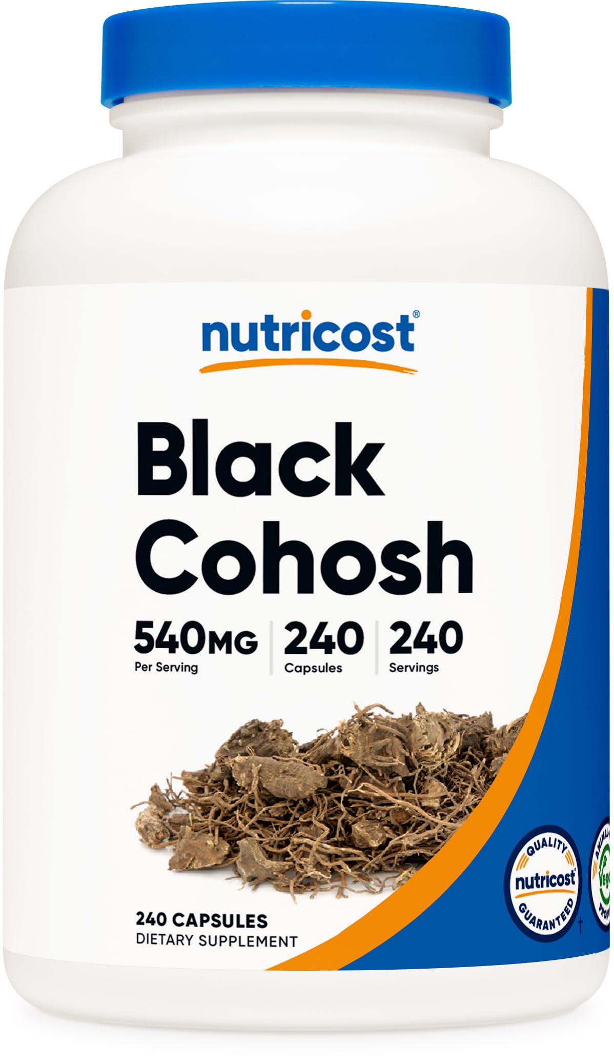 Nutricost frasco frontal mostrando 240 cápsulas y beneficio de larga duración