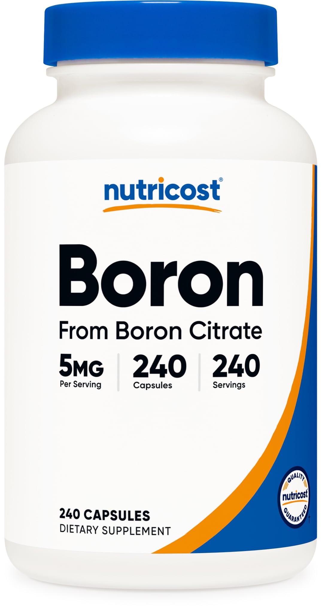 Frasco Nutricost Boron 5 mg frontal mostrando 240 cápsulas y etiqueta clara