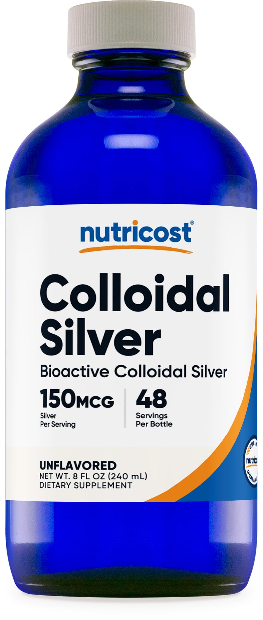 Nutricost botella frontal azul cobalto mostrando protección UV y conservación