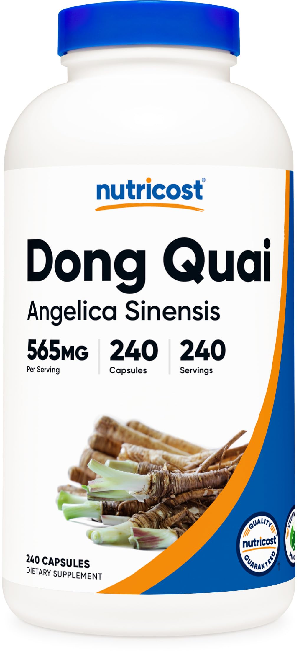 Nutricost botella frontal Dong Quai mostrando envase y cantidad beneficios