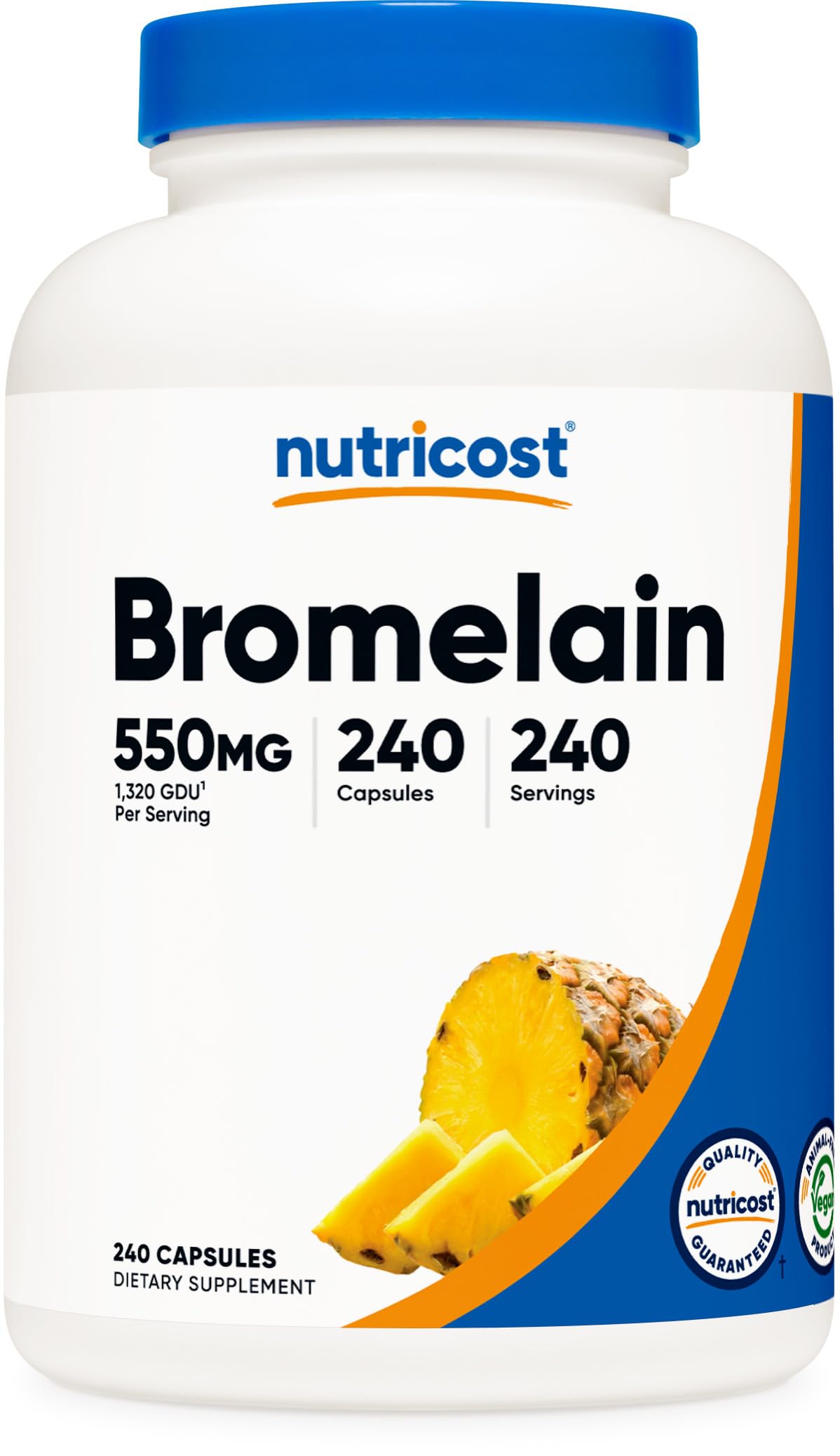 Nutricost frasco frontal de Bromelain mostrando etiqueta clara y beneficios