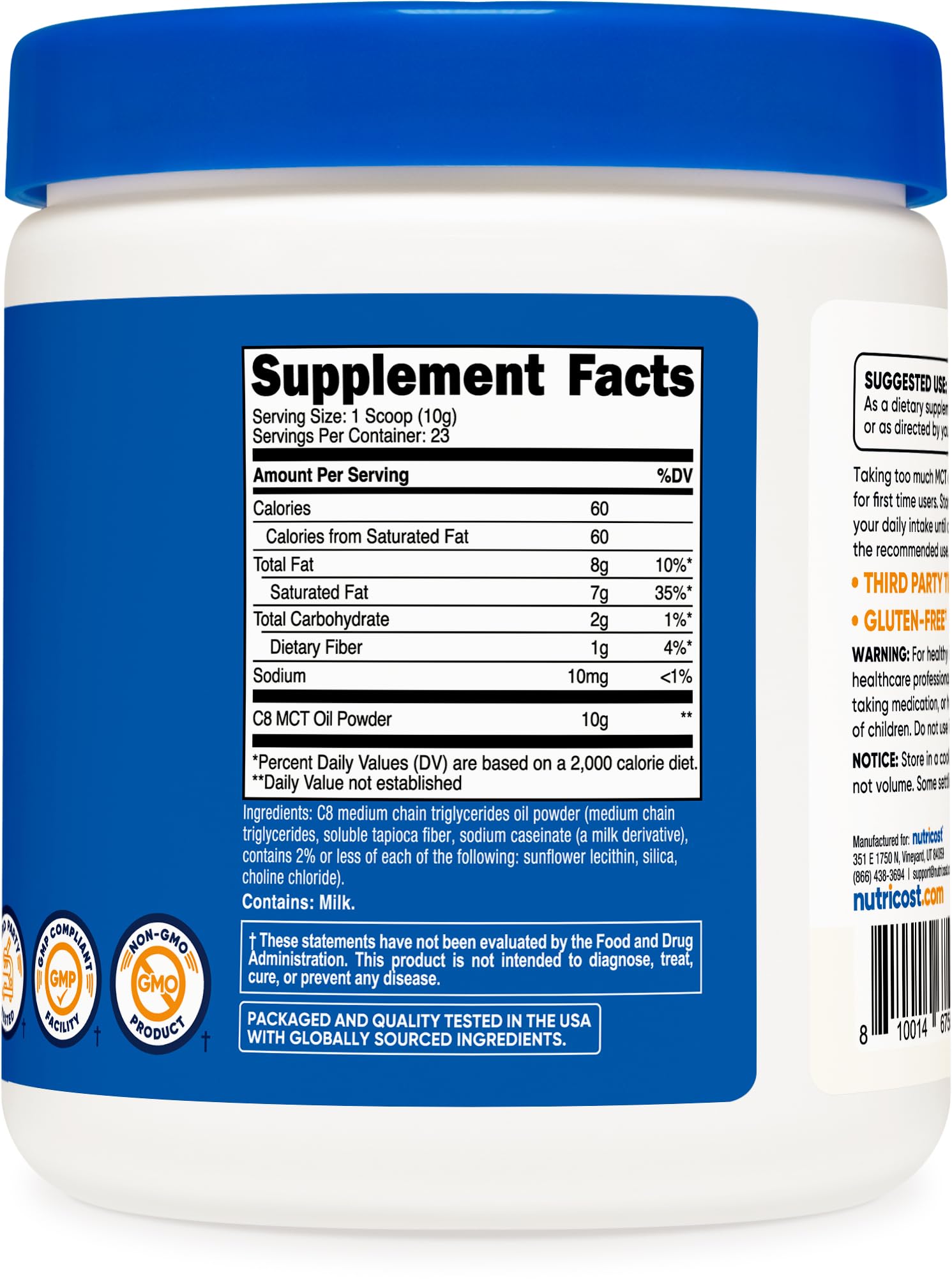 Nutricost detalle de etiqueta con composición 95% C8 para lectura clara de ingredientes