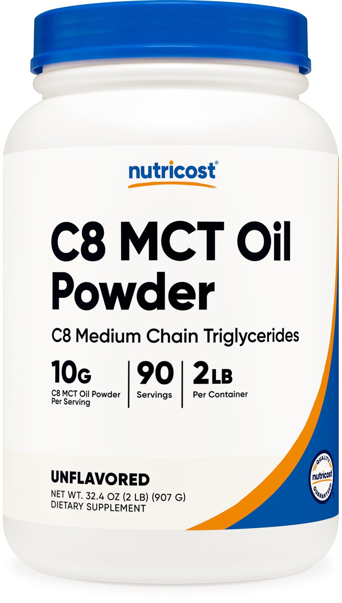 Nutricost frasco frontal del polvo C8 mostrando etiqueta y tamaño