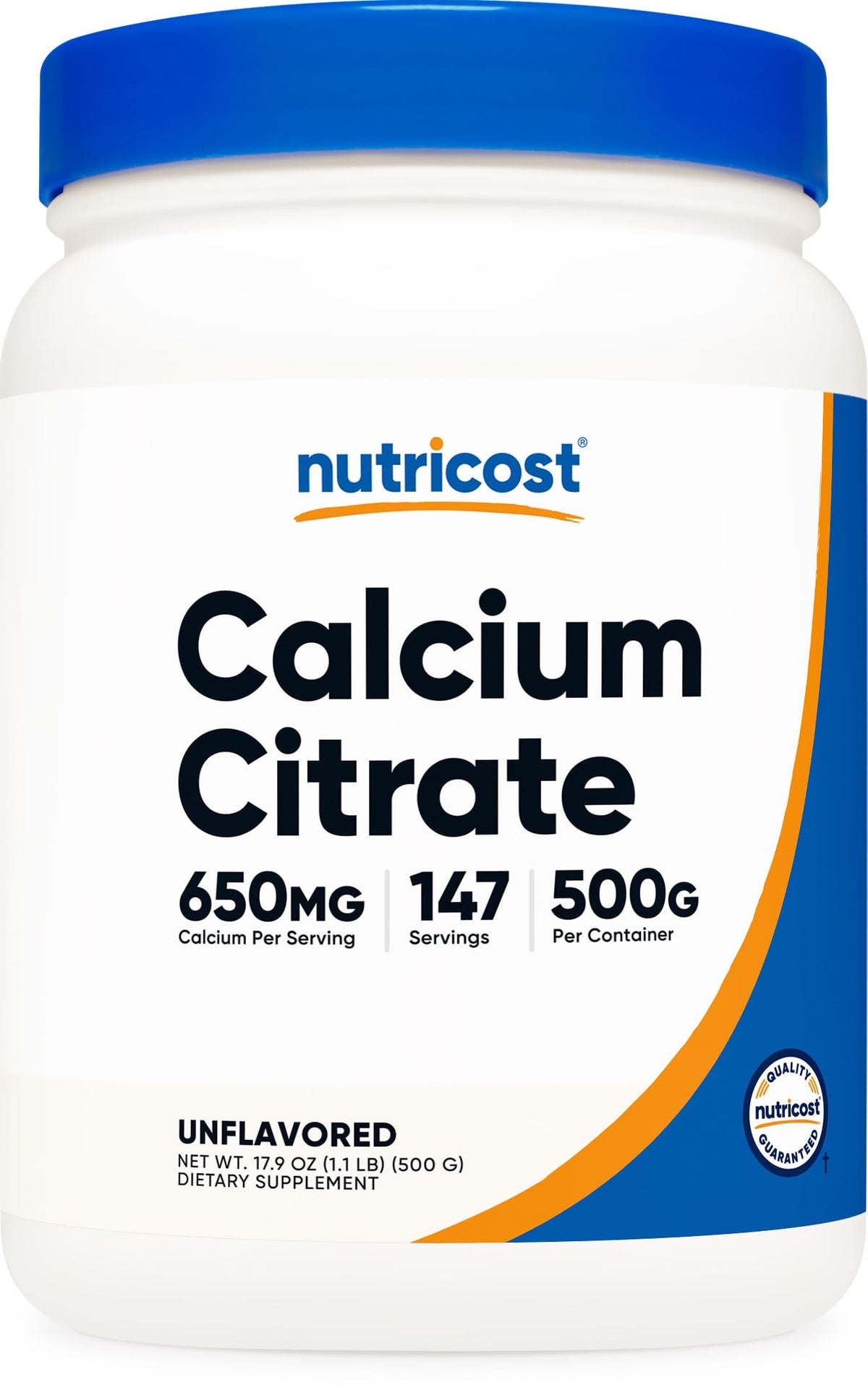 Nutricost envase frontal del calcio citrato mostrando tamaño y marca, opción práctica