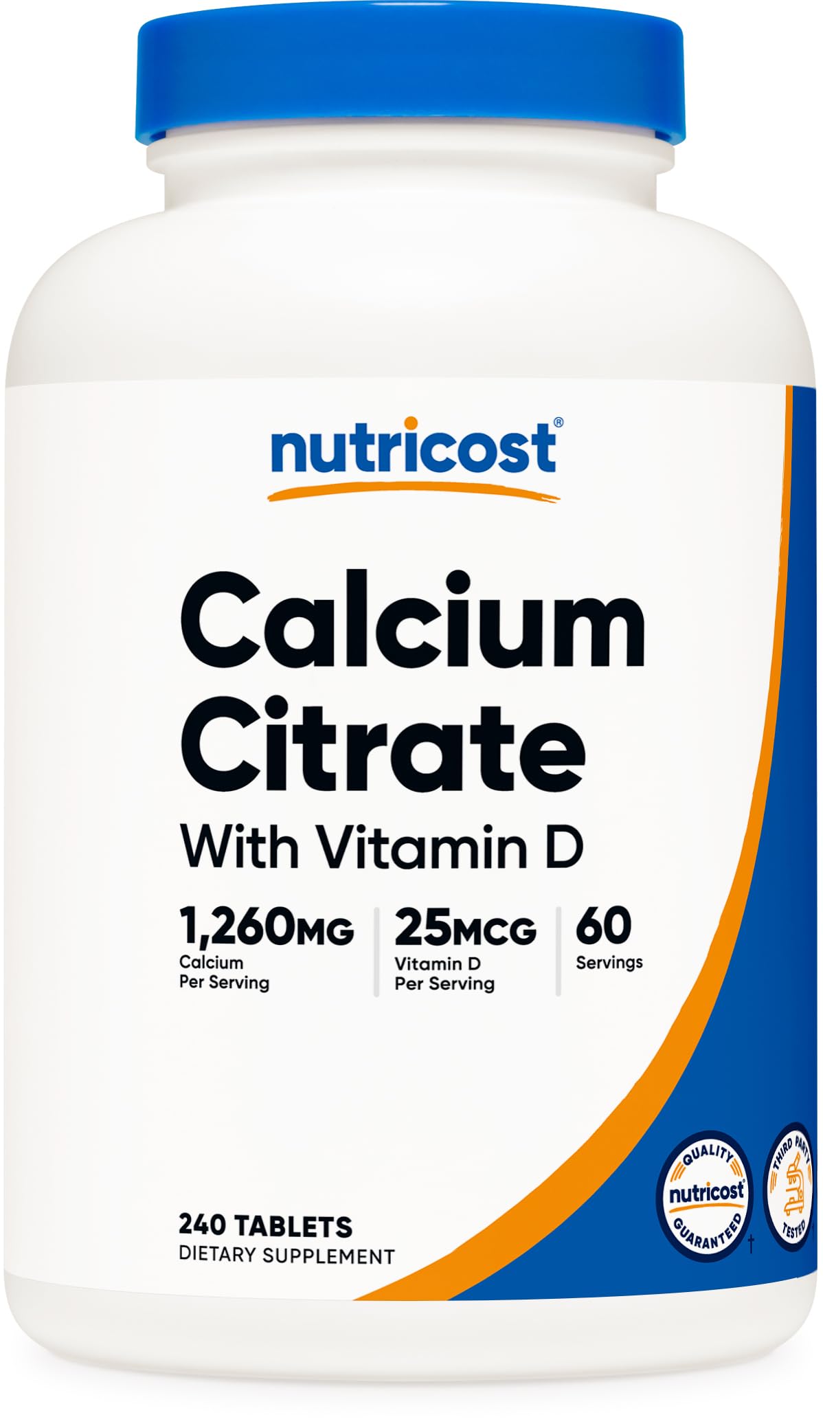Frasco Nutricost Calcium Citrate 240 tabletas mostrando el envase y beneficios