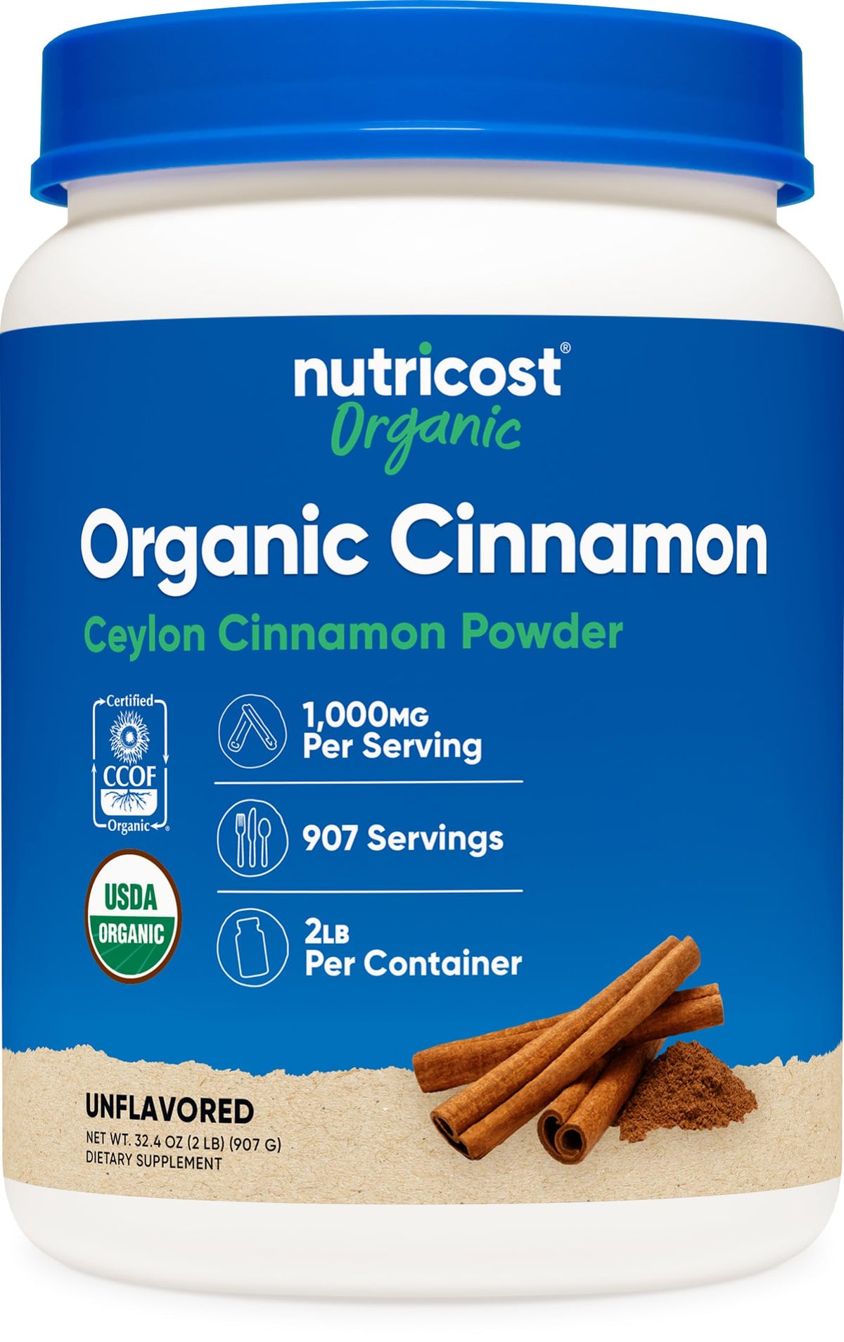 Nutricost canela Ceilán envase frontal mostrando cantidad y sello orgánico