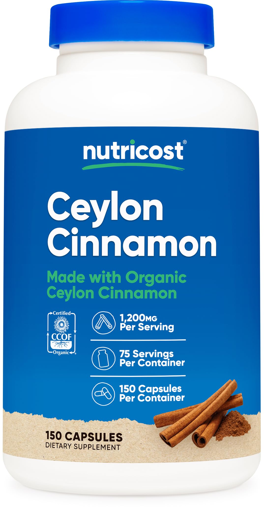 Nutricost frasco frontal de canela Ceylán mostrando etiqueta clara y cantidad