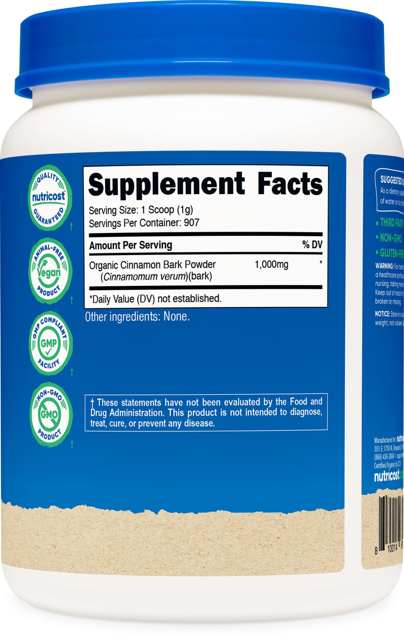Nutricost canela etiqueta con certificación USDA Organic y detalles