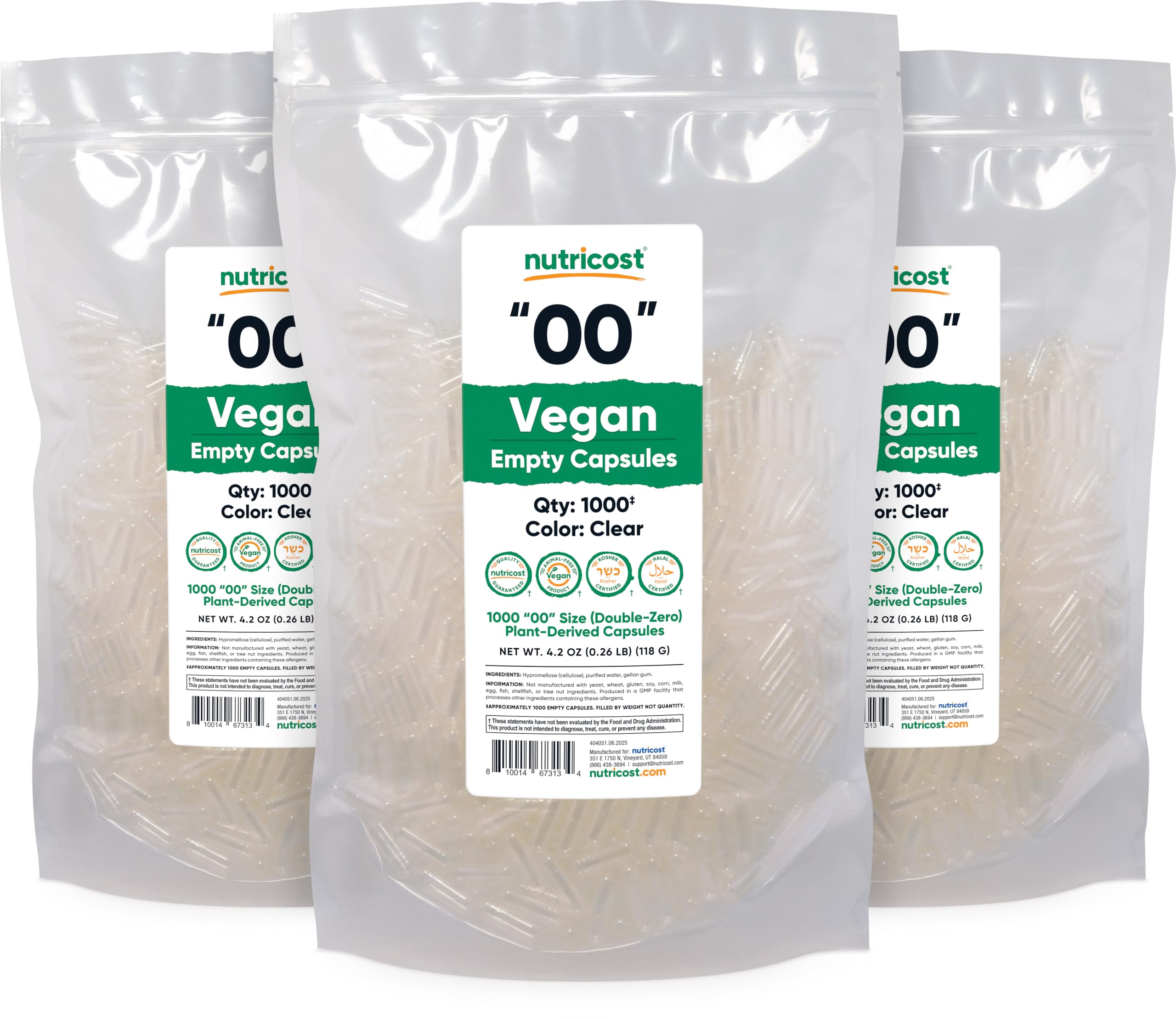 Nutricost comparación de tamaño 00 junto a moneda, ayuda a evaluar capacidad