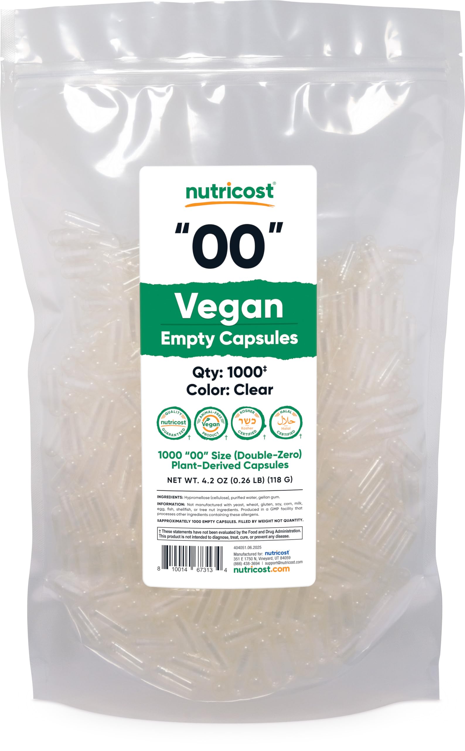 Nutricost cápsulas vacías frontal mostrando bote y cantidad, ofrece conveniencia vegana