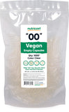Nutricost cápsulas vacías frontal mostrando bote y cantidad, ofrece conveniencia vegana