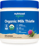 Nutricost envase frontal de Milk Thistle orgánico, presentación clara y beneficios