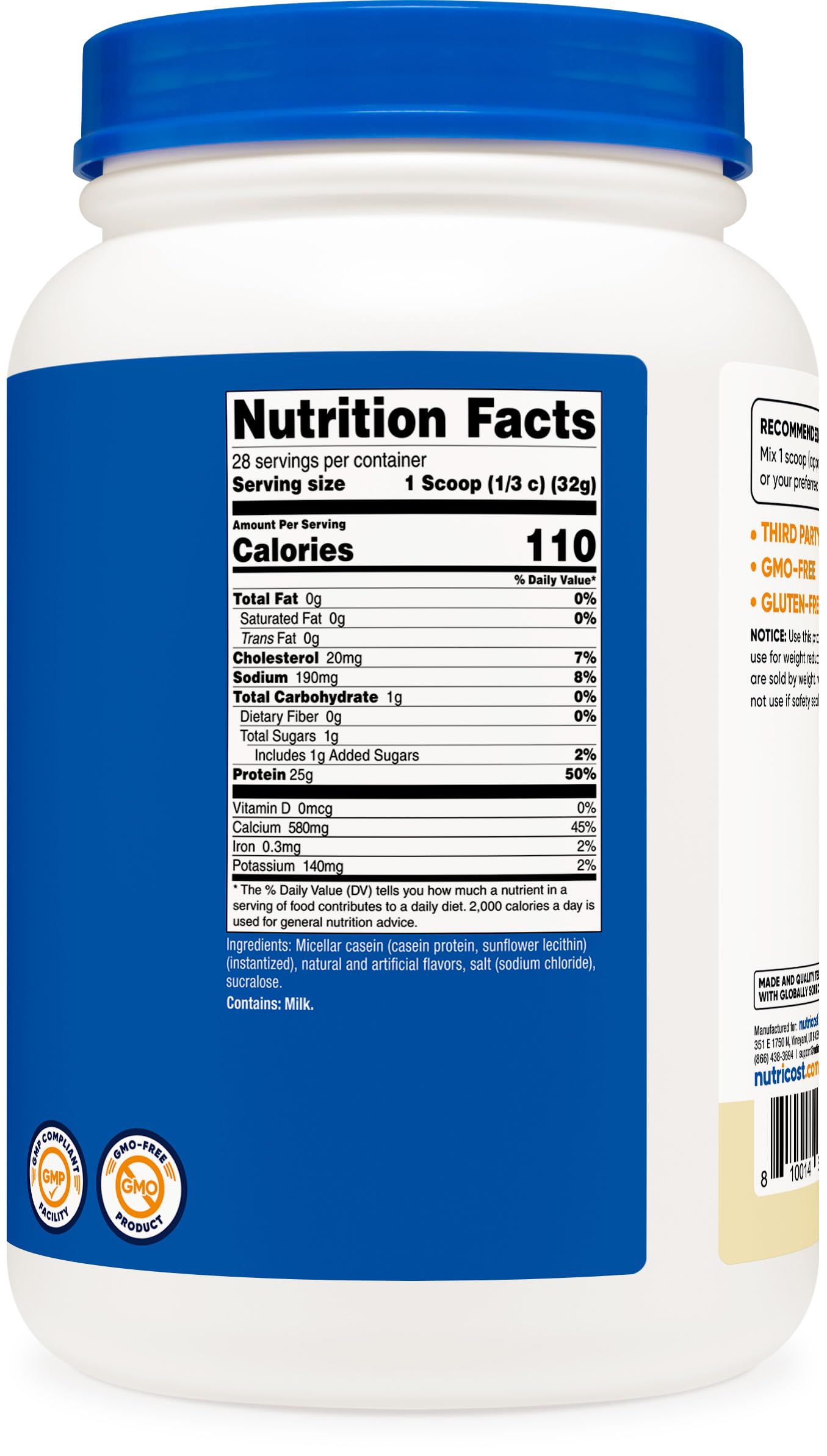 Nutricost etiqueta nutricional en detalle mostrando 25 g proteína por porción y transparencia