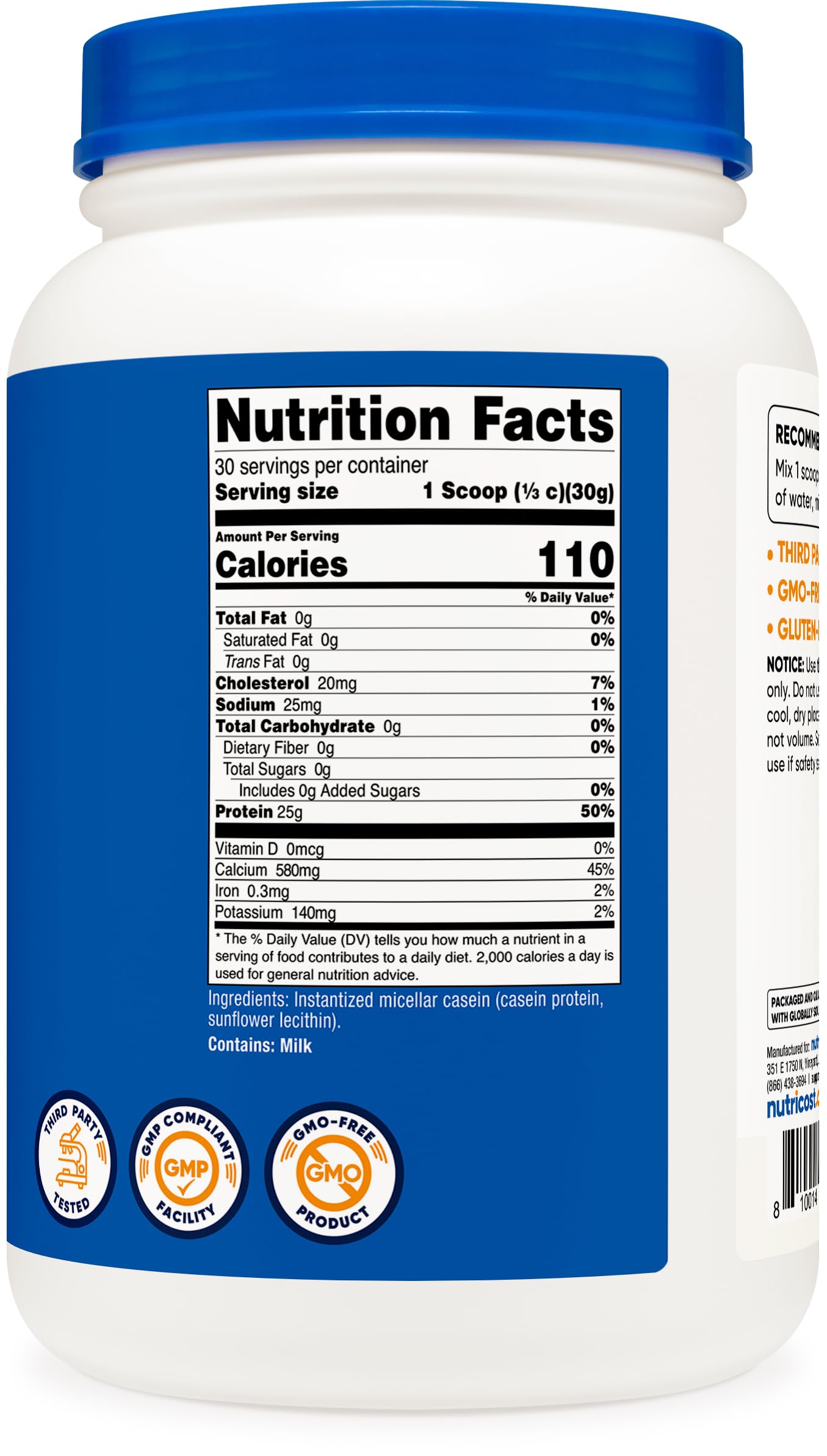 Nutricost Casein etiqueta nutricional clara con beneficios de proteína