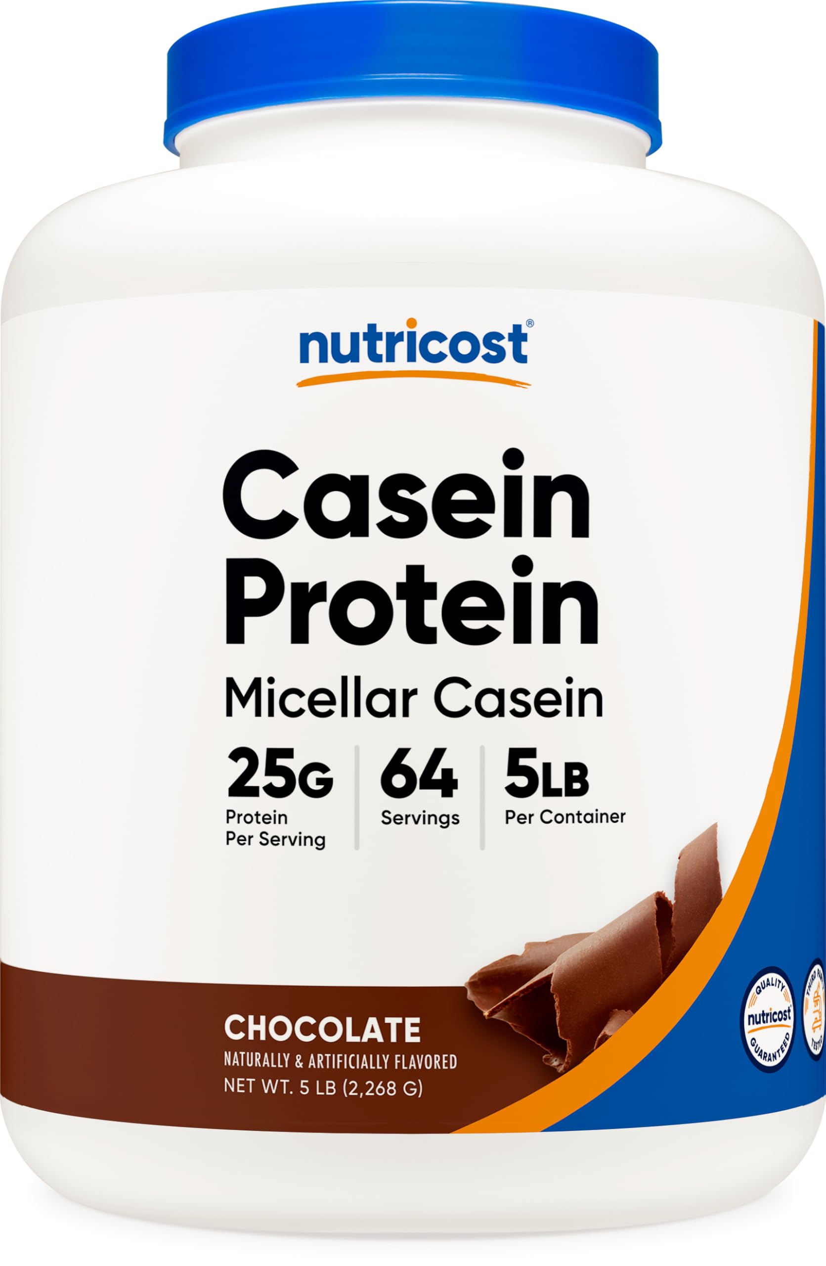 Nutricost envase frontal de caseína 5 lb chocolate mostrando tamaño y marca