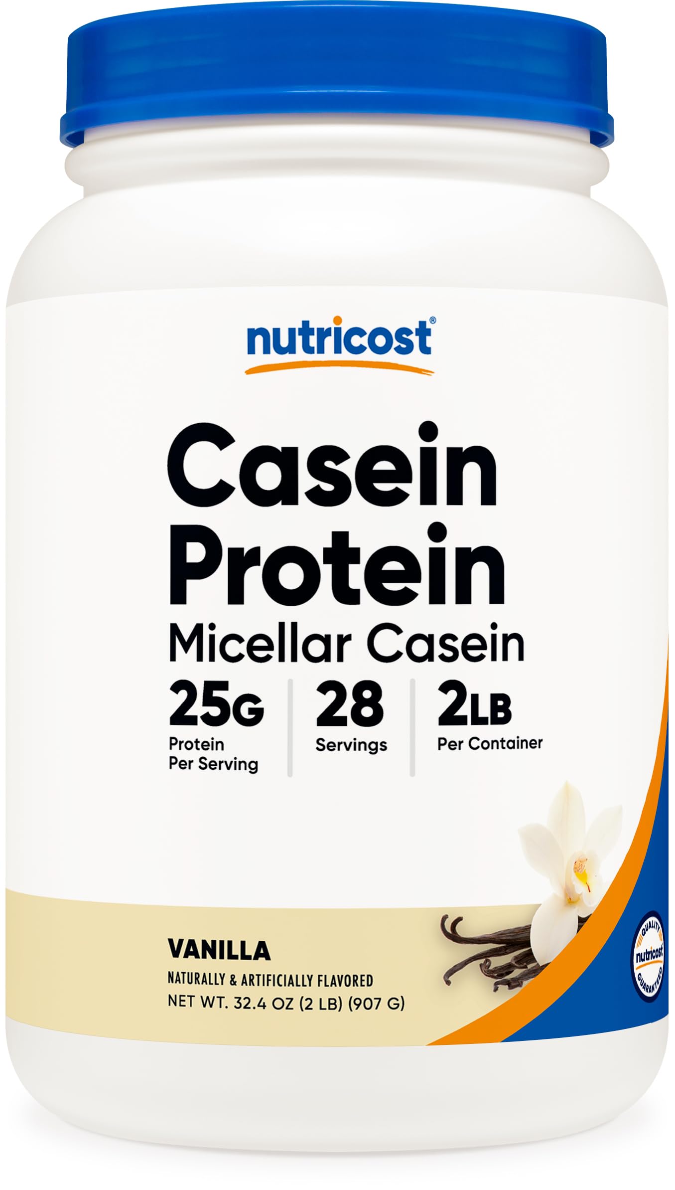 Nutricost frasco frontal del producto casein vainilla mostrando diseño y beneficio conveniencia