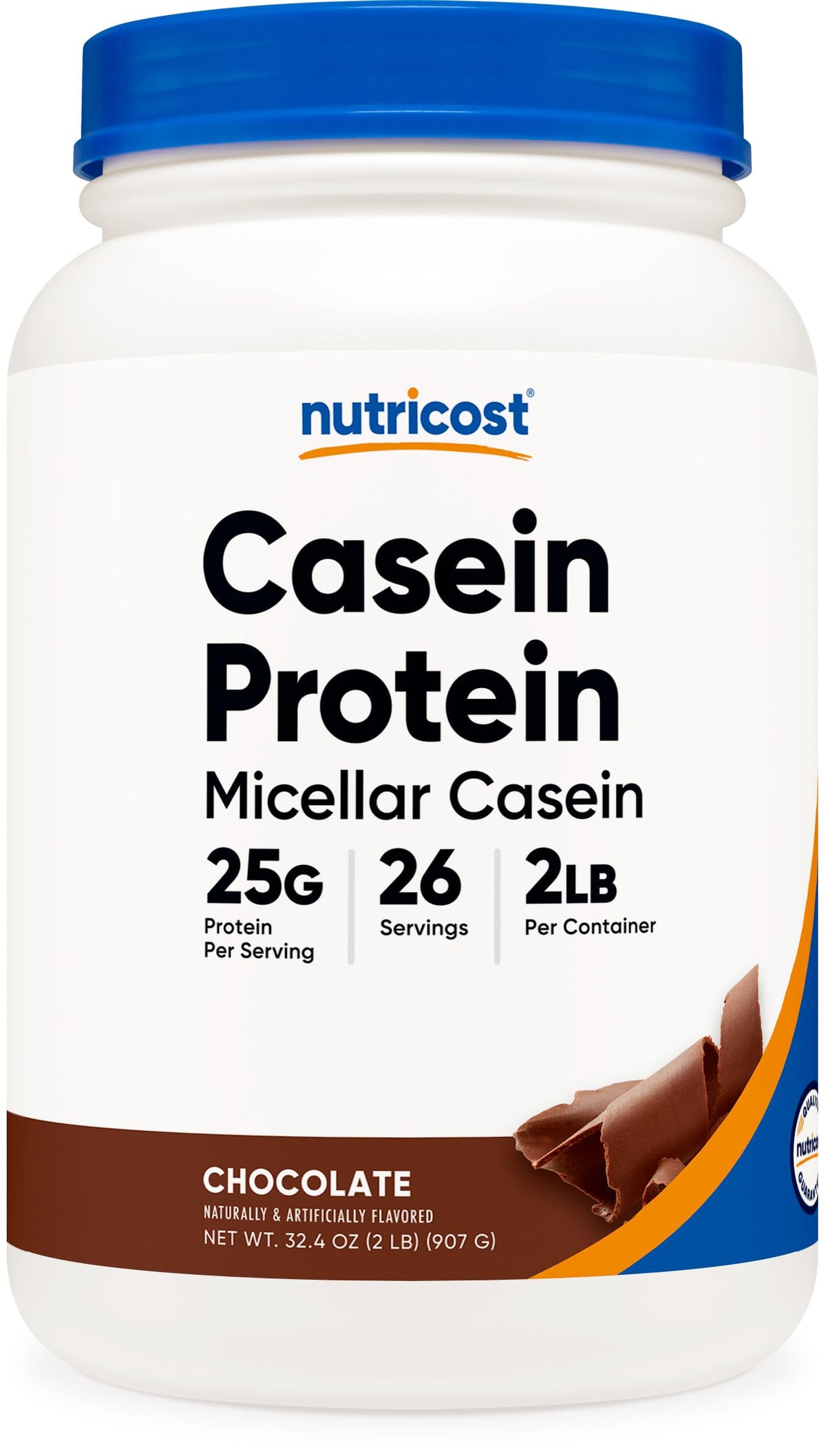 Nutricost pote frontal mostrando 2lb y sabor chocolate, claro beneficio de aporte proteico