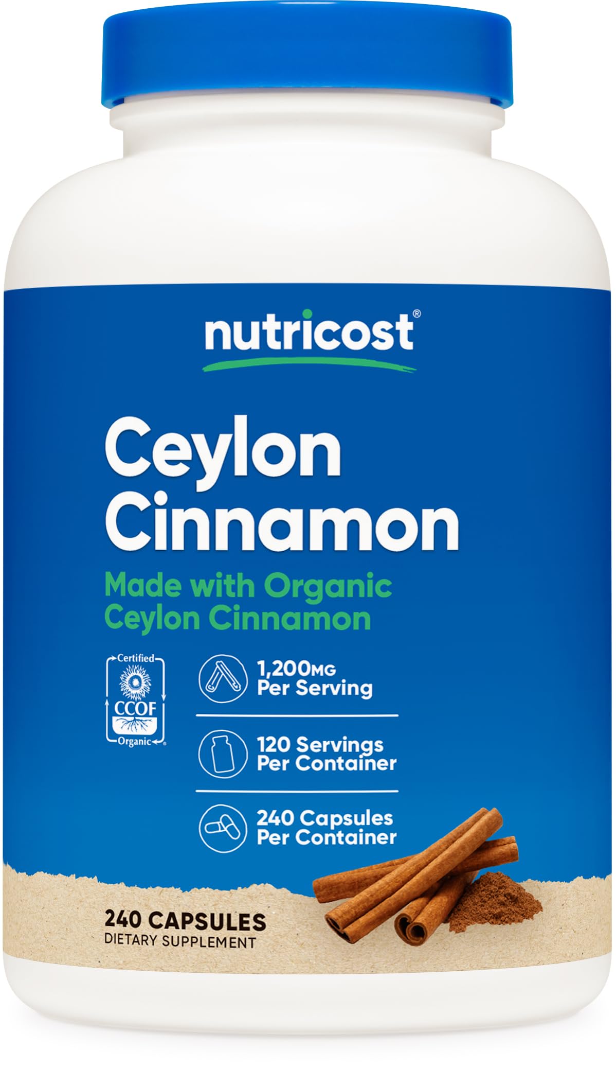Nutricost envase frontal de Ceylon Cinnamon mostrando etiqueta y dosis