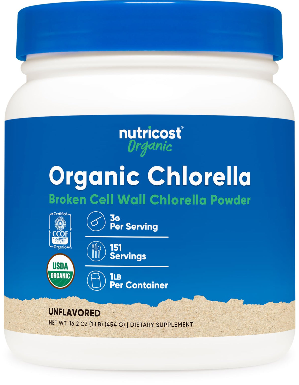 Nutricost envase frontal mostrando chlorella orgánica y etiqueta clara