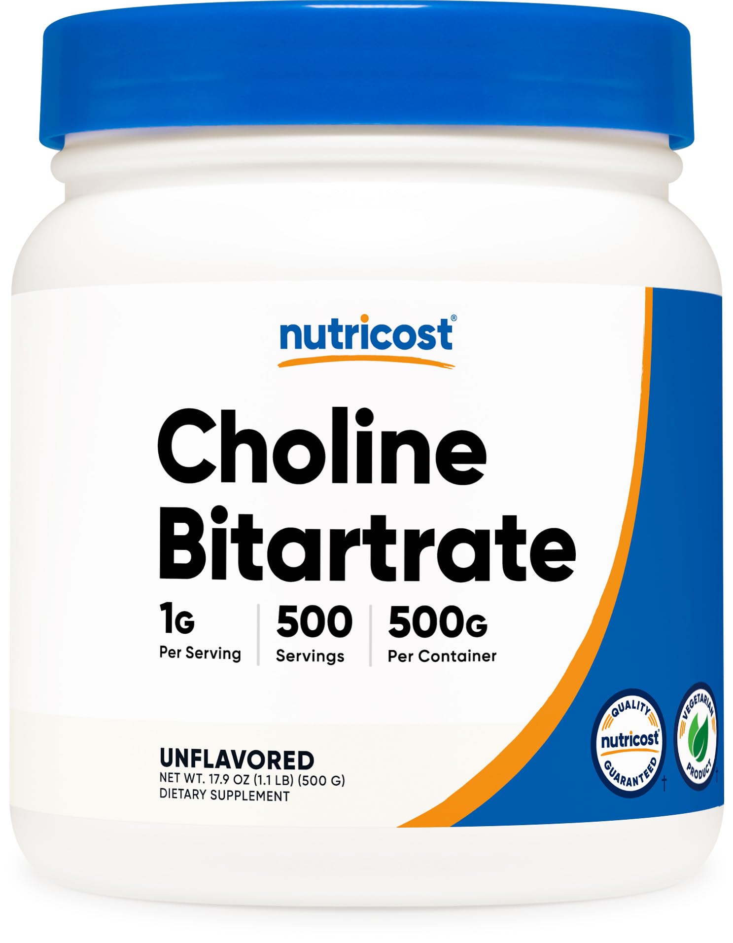 Nutricost etiqueta frontal del envase mostrando 500 g y beneficios