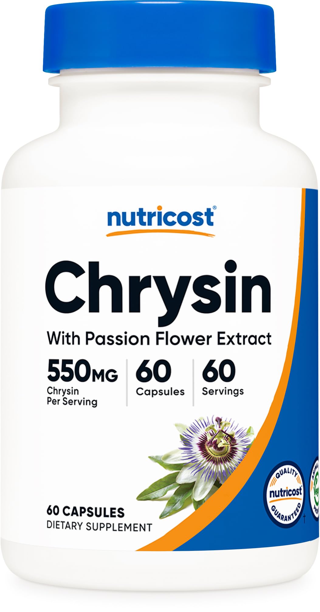 Nutricost chrysin frente del envase mostrando la dosis y beneficios