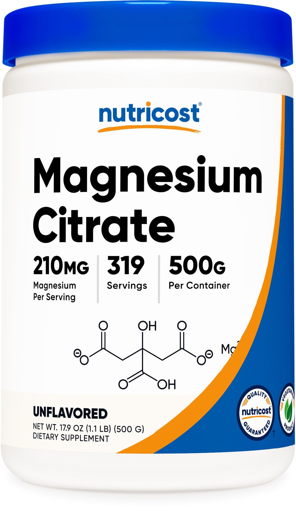 Nutricost envase frontal de citrato de magnesio 500 g, presentación clara y limpia