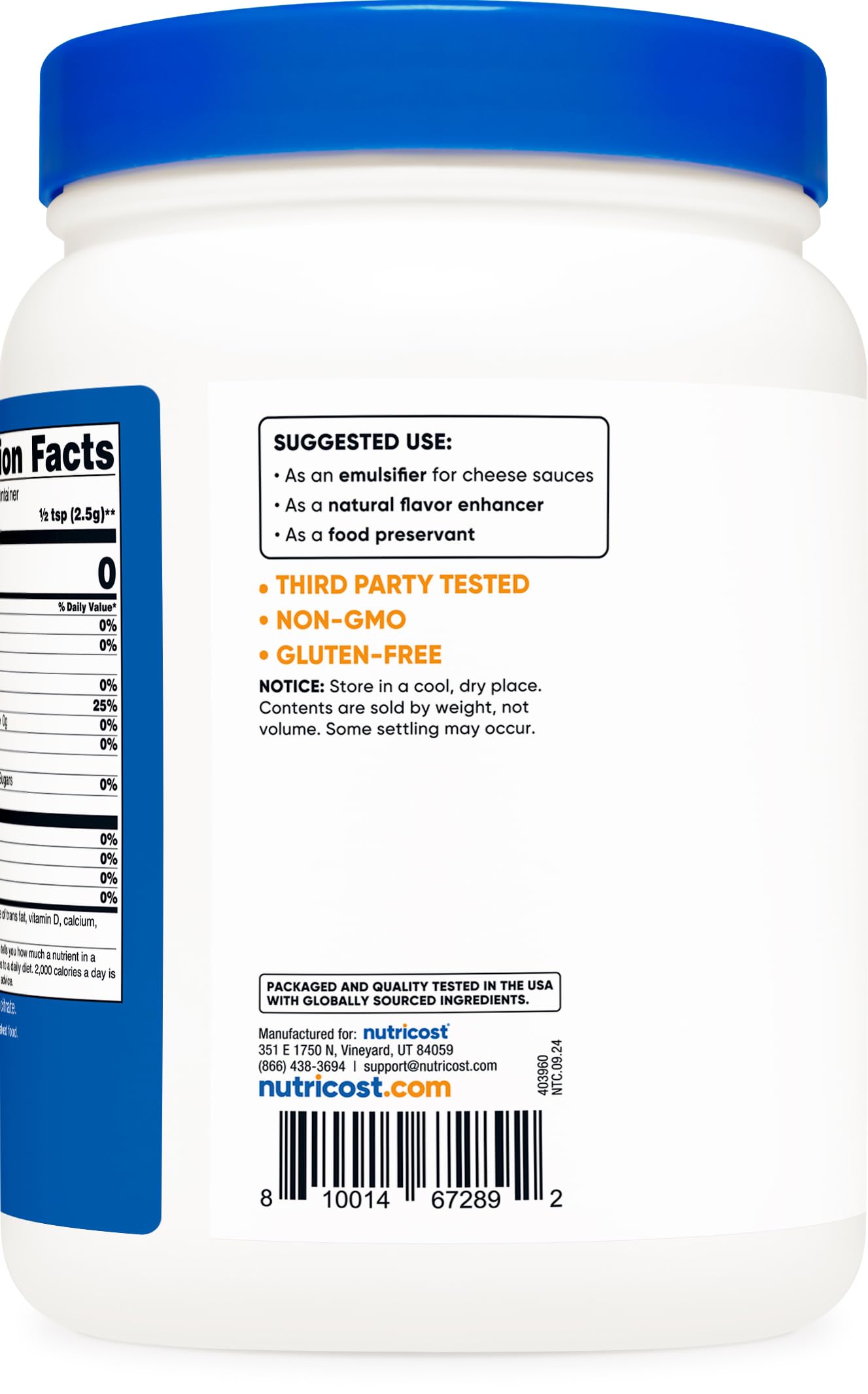 Nutricost citrato de sodio tamaño del envase comparado con utensilios de cocina