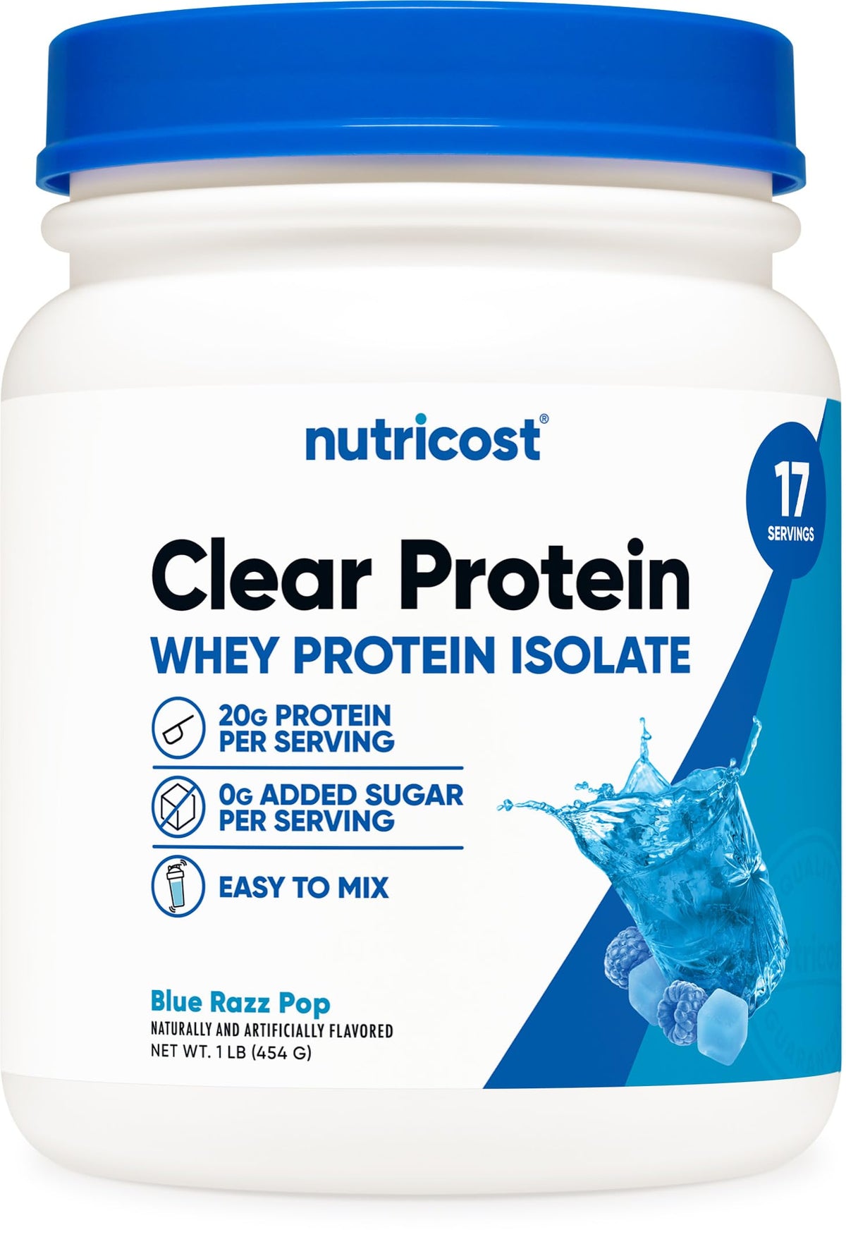 Nutricost envase frontal Blue Razz Pop mostrando 20 g proteína por porción