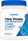 Nutricost envase frontal Blue Razz Pop mostrando 20 g proteína por porción