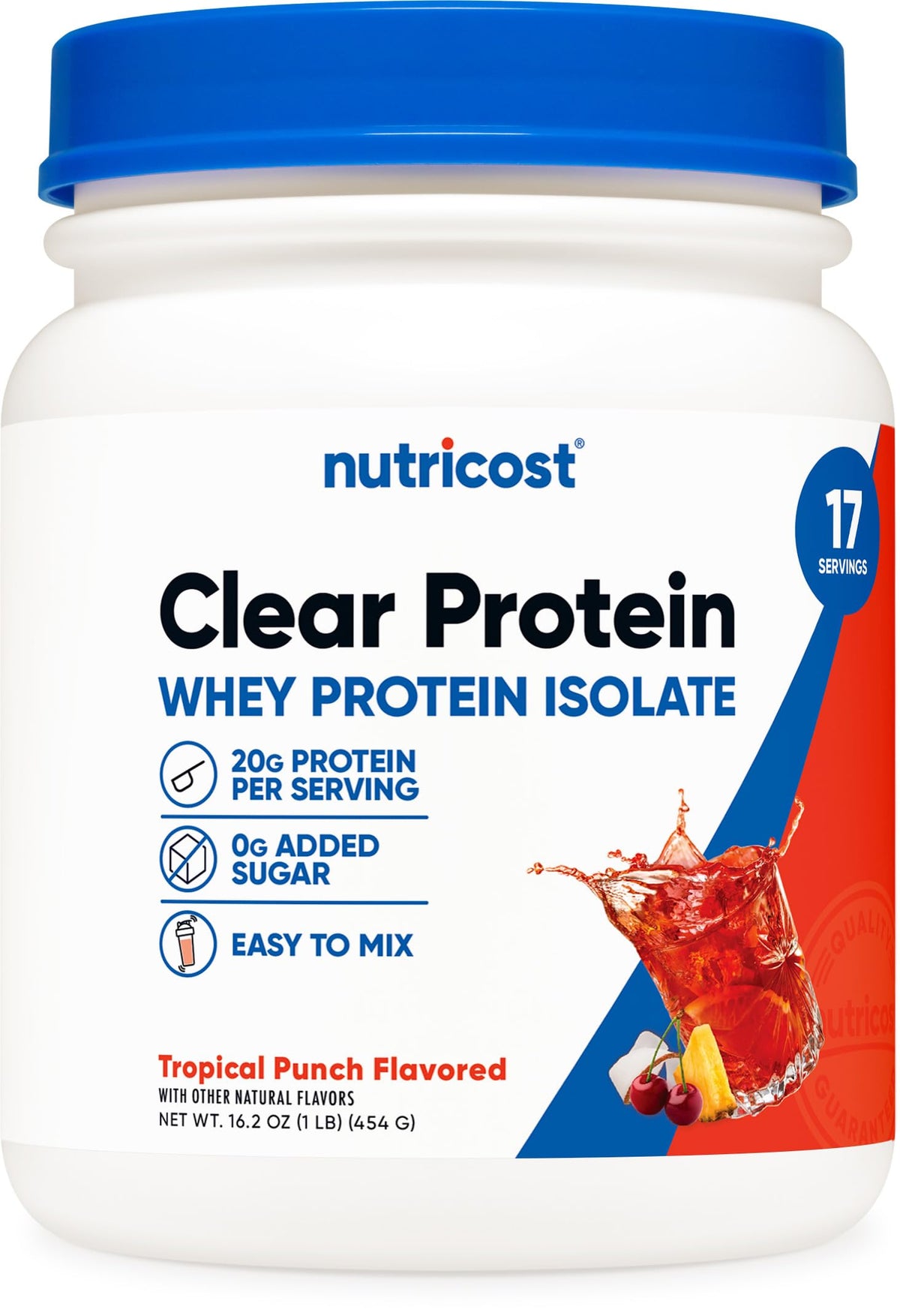 Nutricost envase frontal Tropical Punch mostrando etiqueta y beneficios