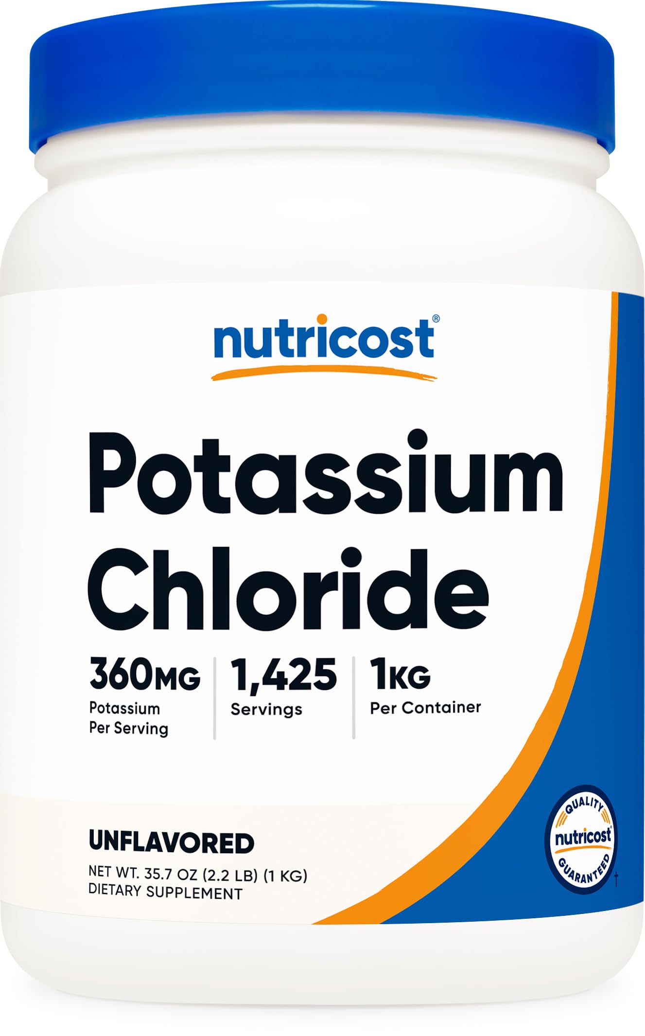 Nutricost envase frontal de cloruro de potasio, presentación clara y segura