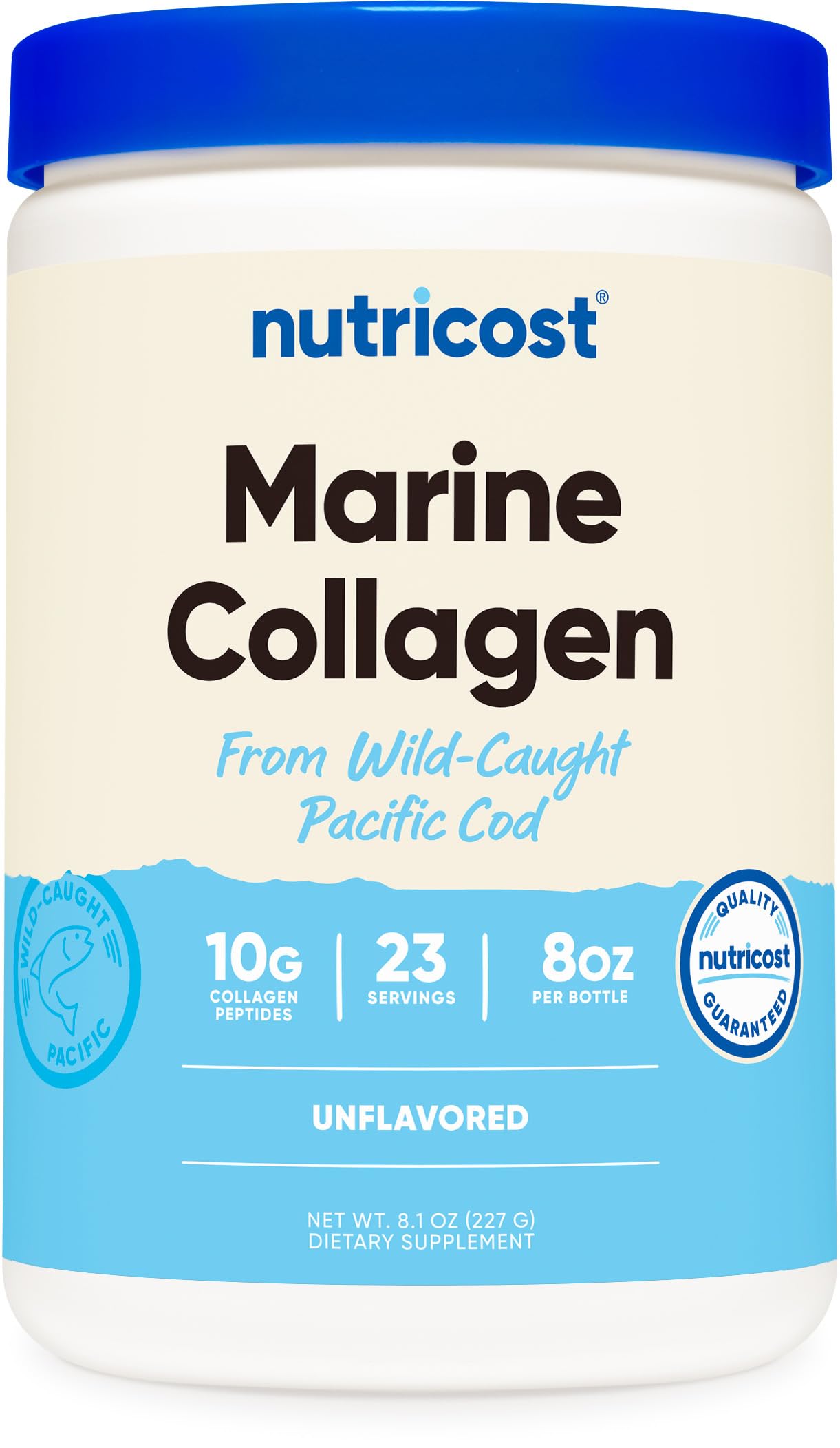 Nutricost frasco frontal del colágeno marino mostrando diseño y tamaño
