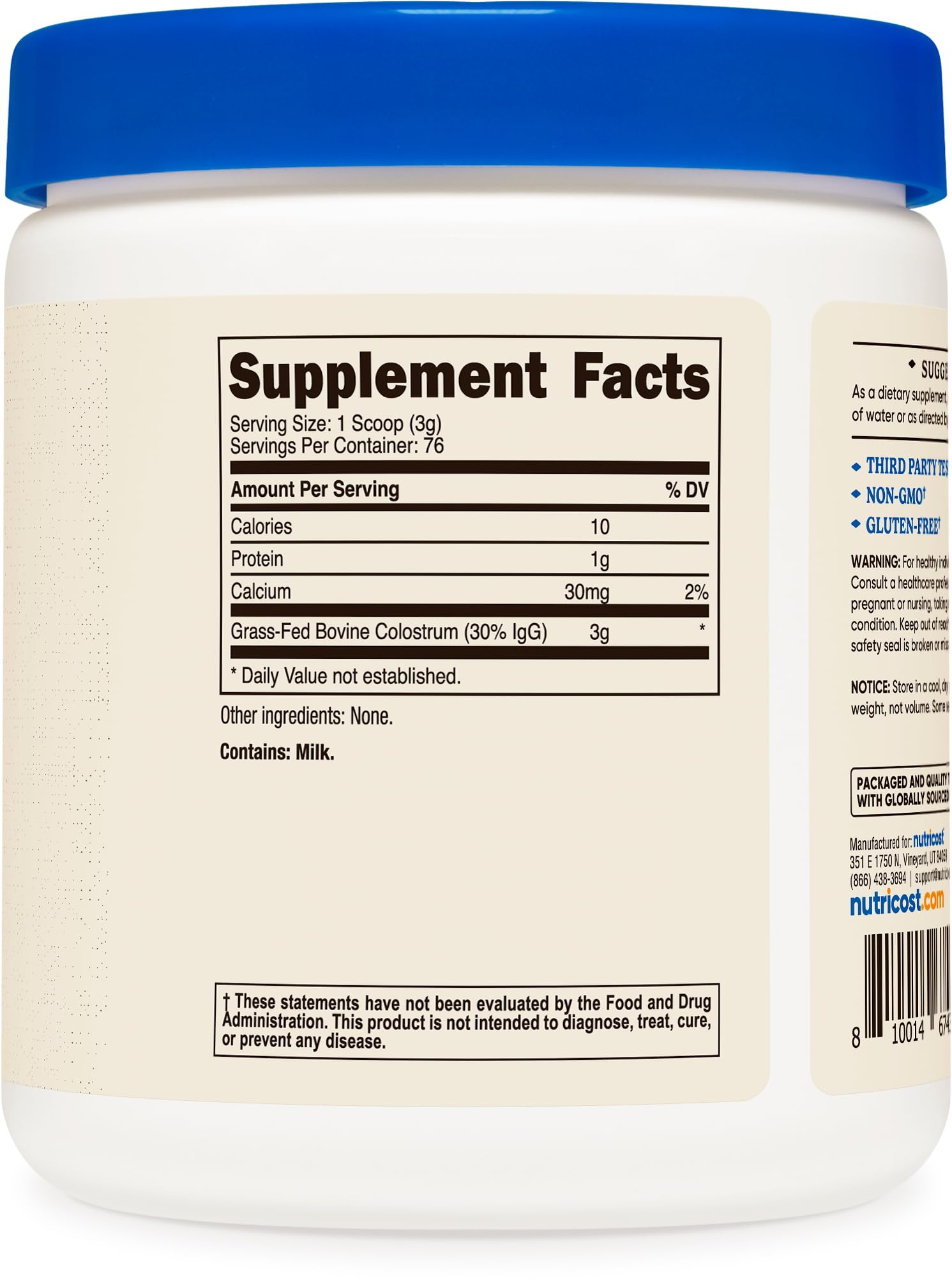 Nutricost etiqueta y tabla nutricional con porcentaje mínimo IgG