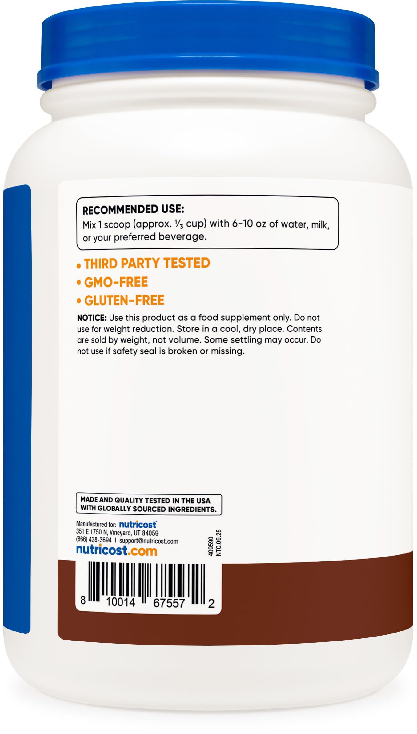 Nutricost envase 2LBS comparado con botella para referencia de tamaño