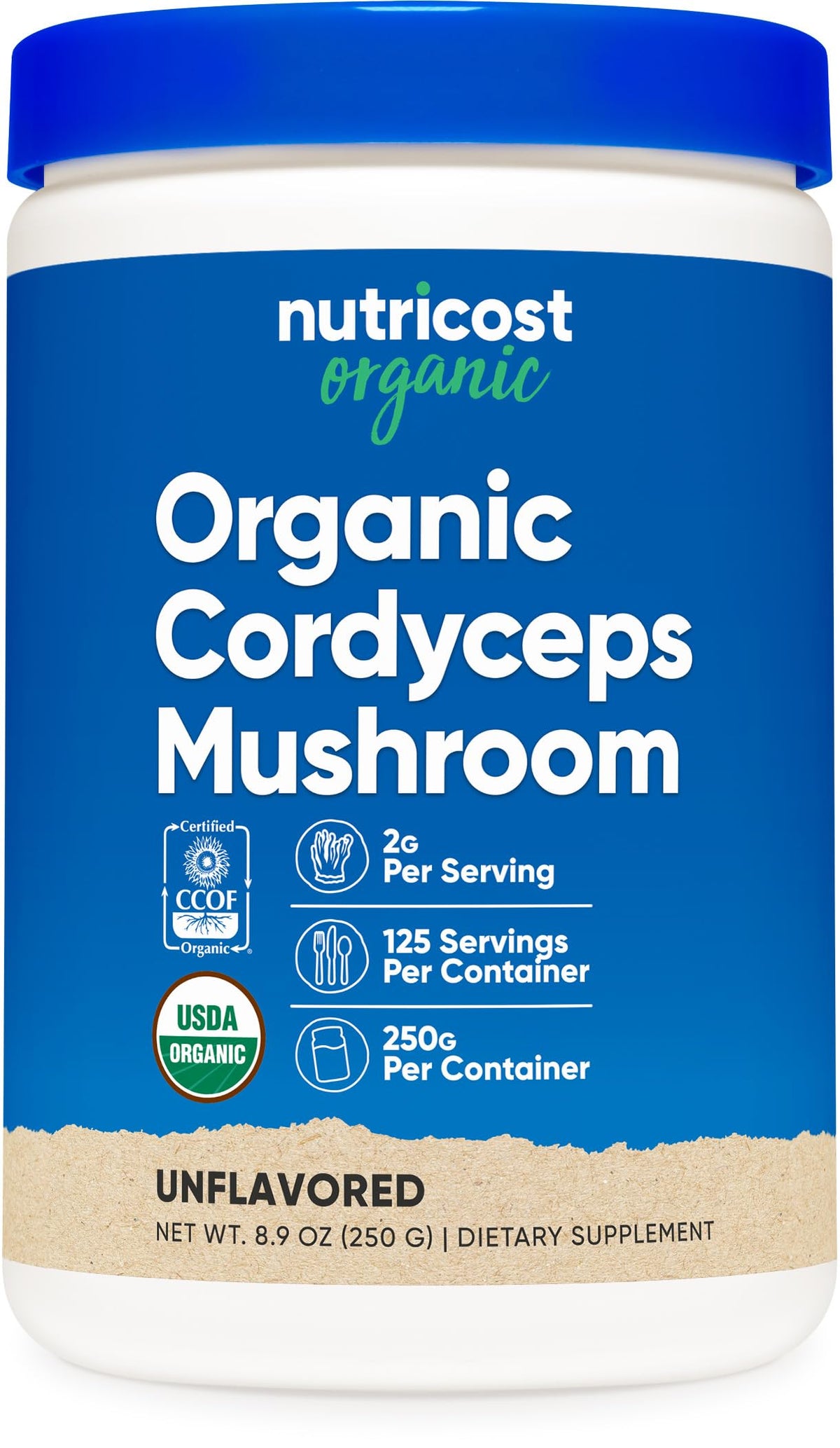Nutricost cordyceps frente del empaque mostrando certificación orgánica