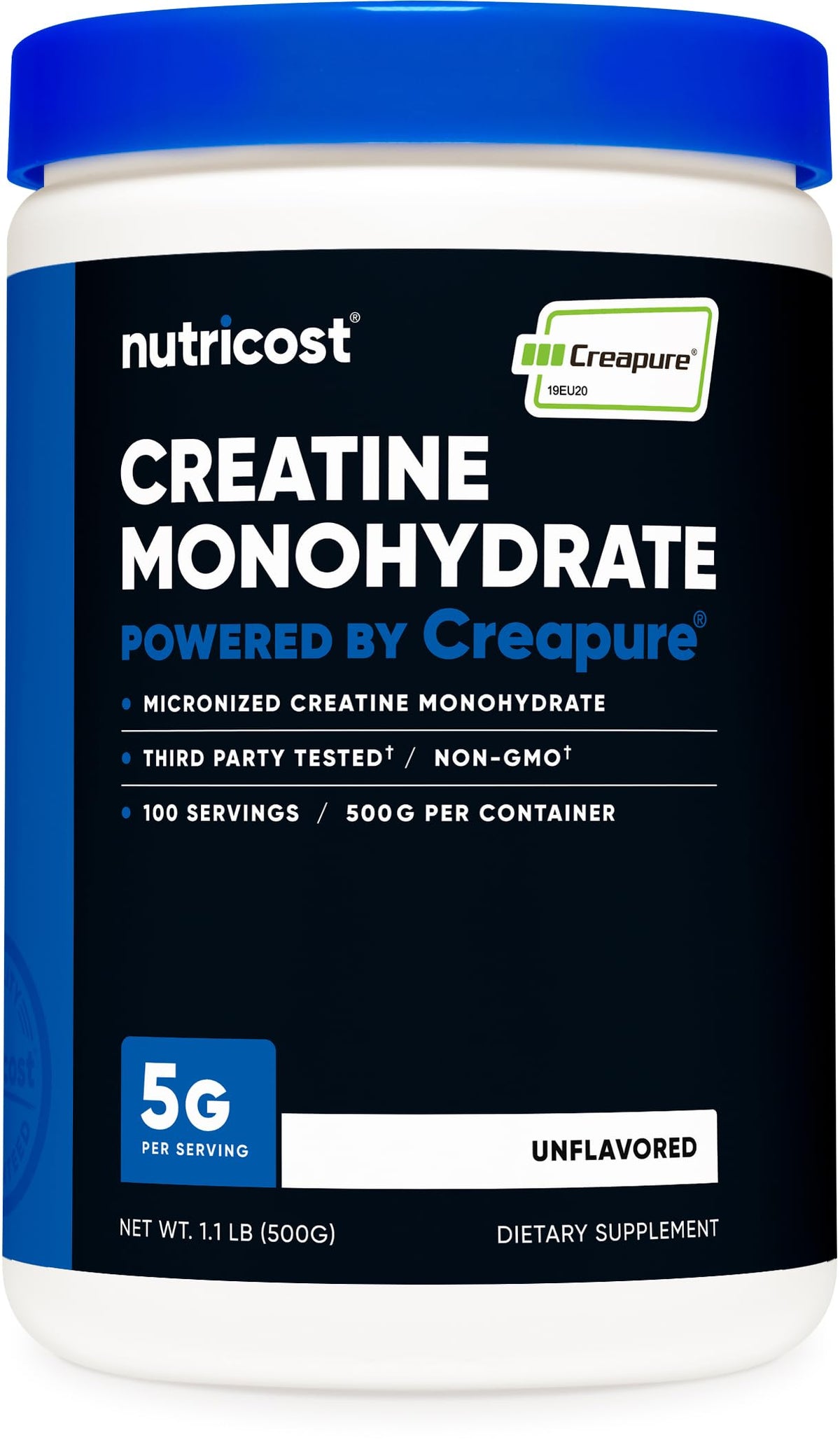 Nutricost Creapure bote frontal mostrando etiqueta y 500 g, claridad de marca y contenido