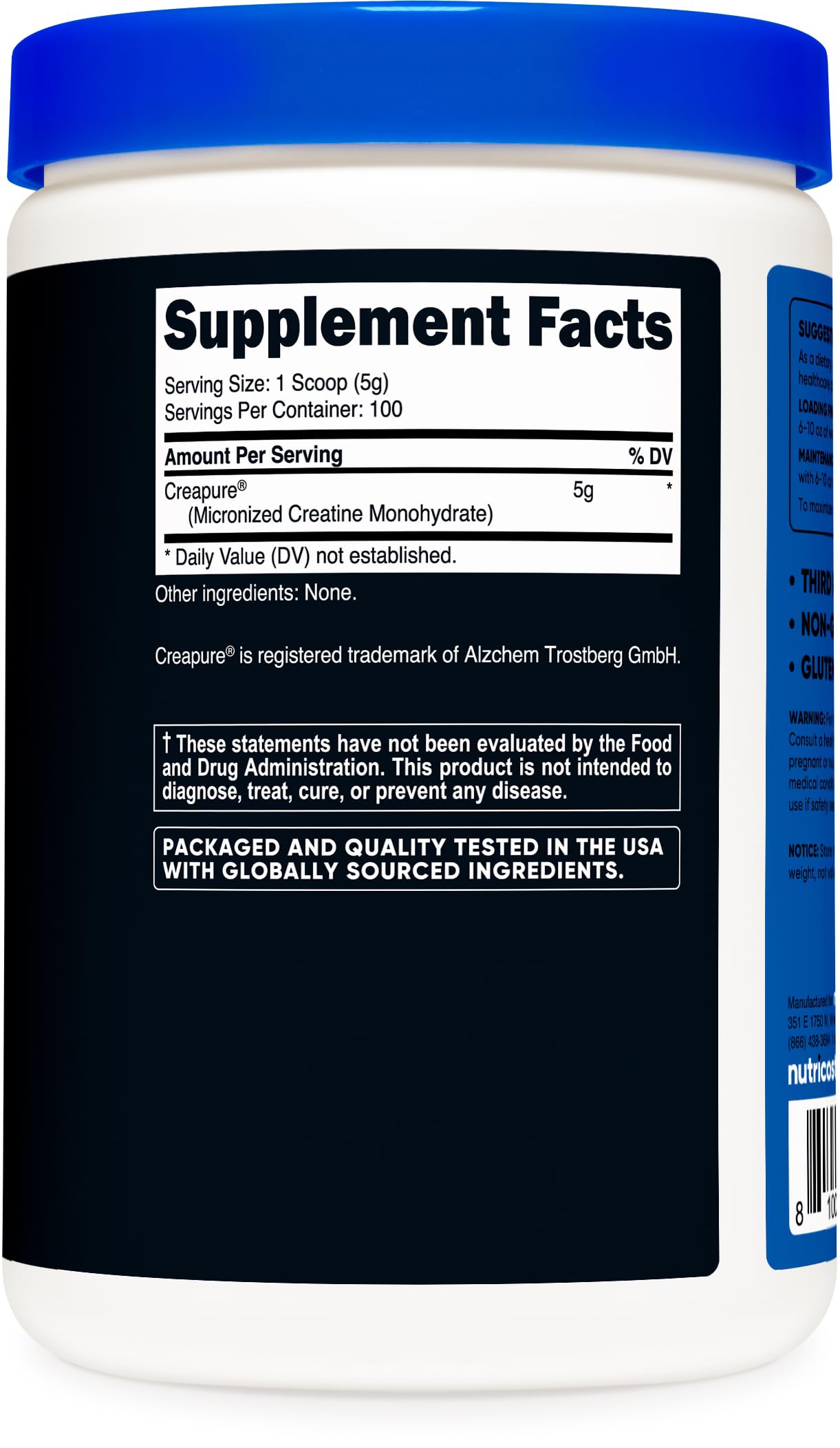 Nutricost Creapure comparación de tamaño con mano para visualizar 500 g y duración estimada