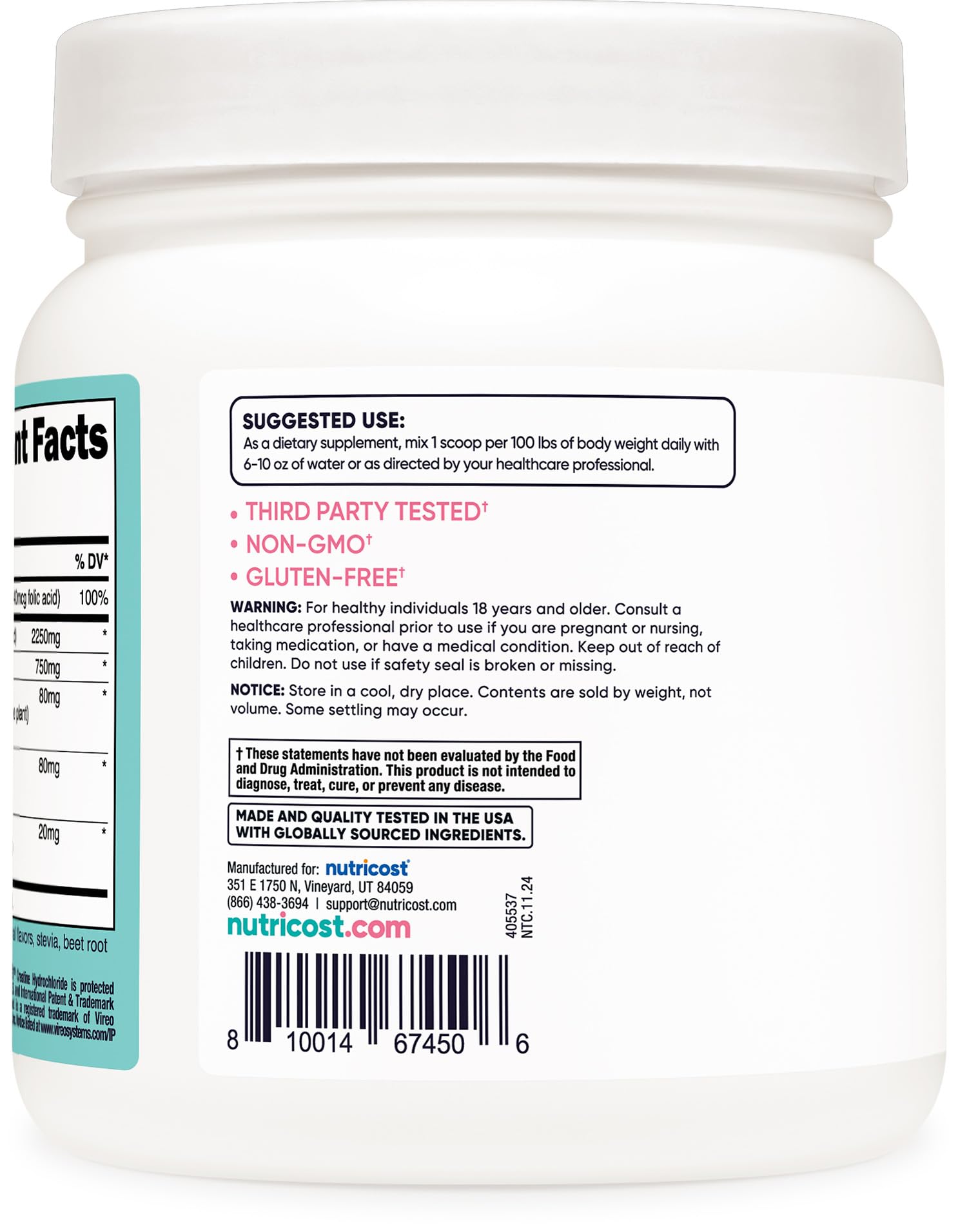 Nutricost creatina etiqueta con ingredientes y certificaciones claras