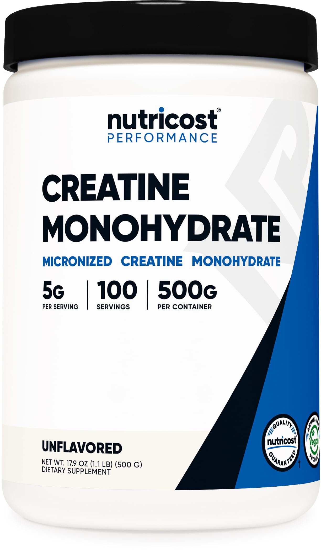 Nutricost creatina monohidrato envase frontal mostrando 500 g y etiqueta clara