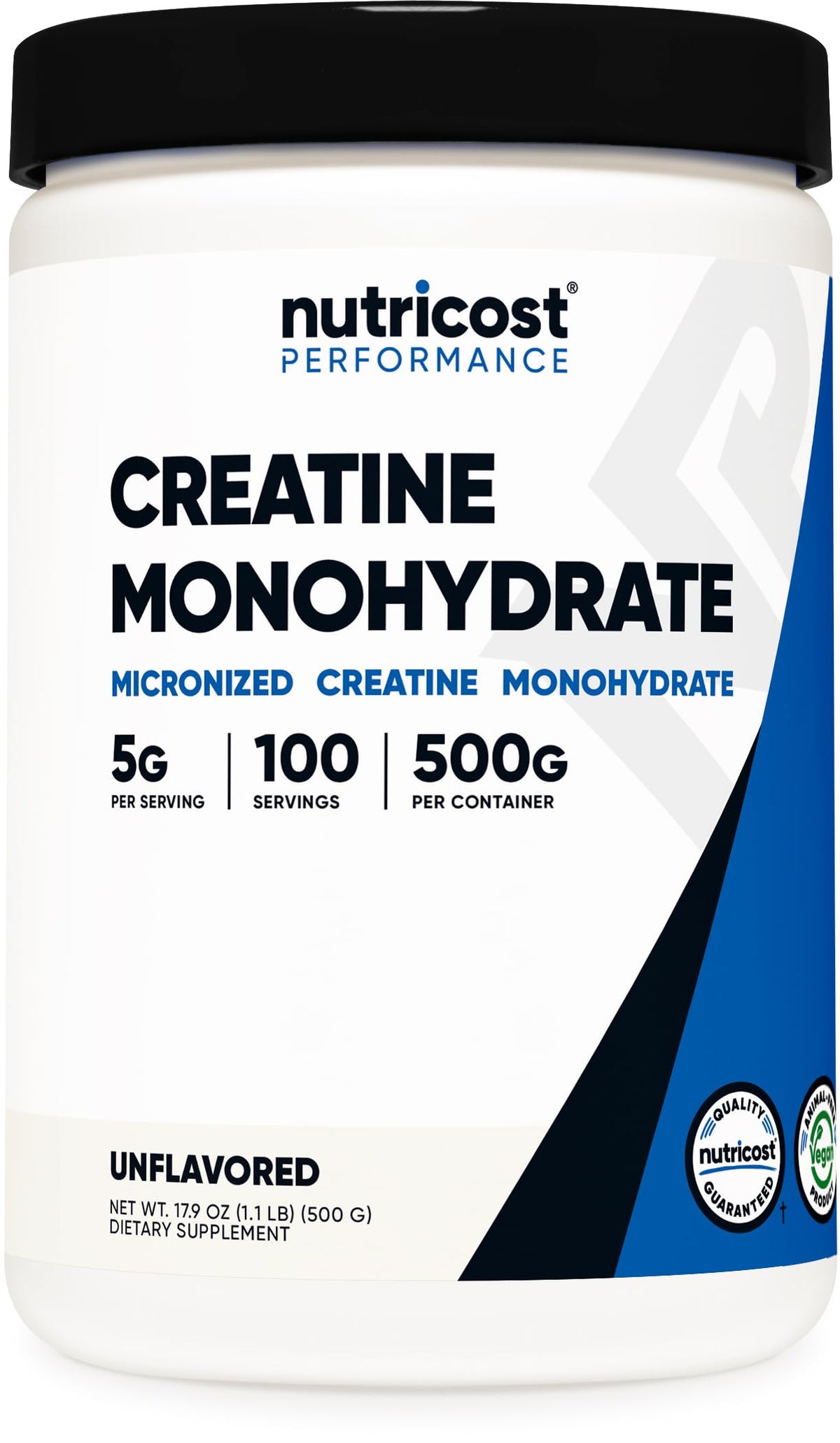 Nutricost creatina monohidrato envase frontal mostrando 500 g y etiqueta clara