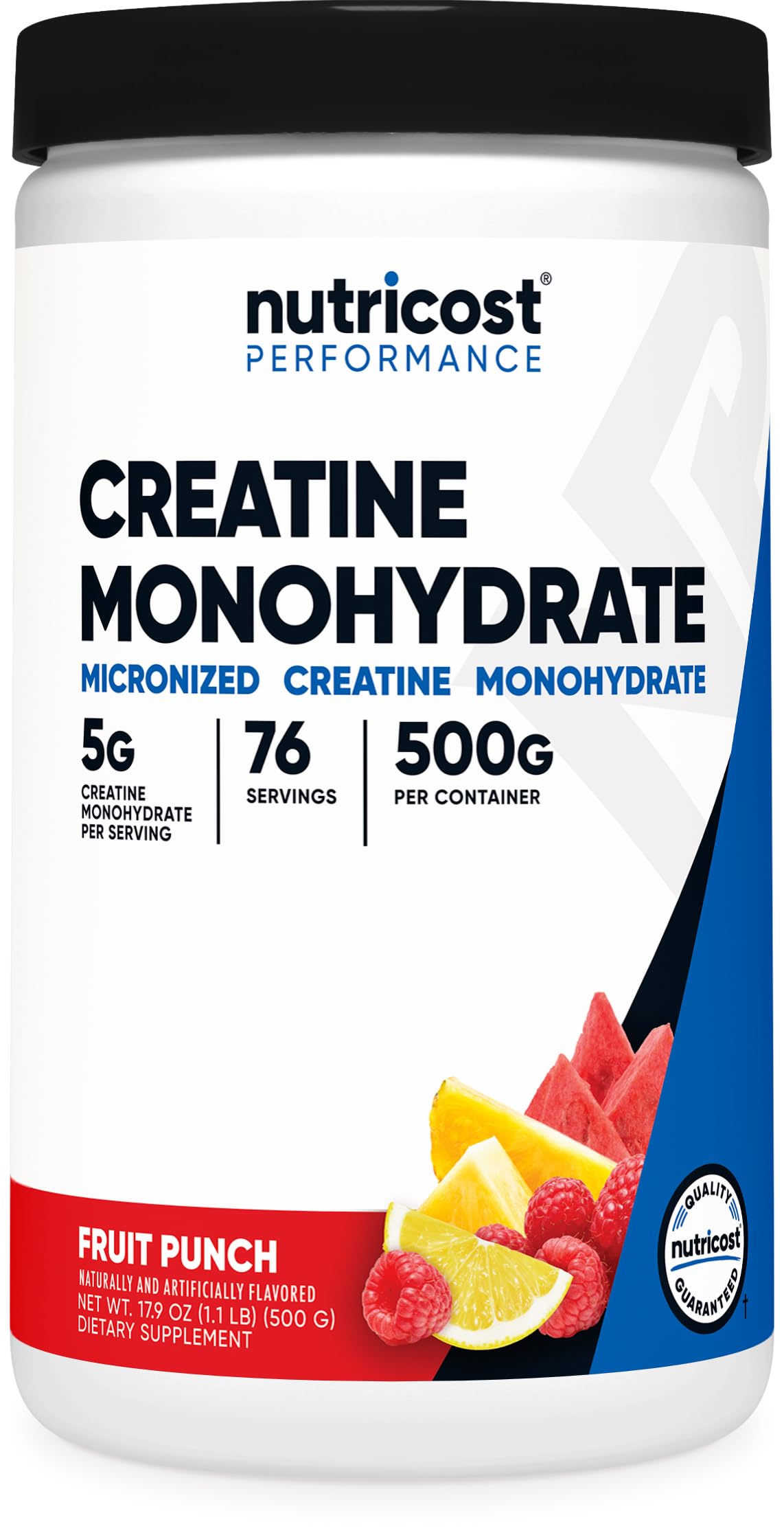 Nutricost creatina envase frontal mostrando etiqueta y sabor fruta punch, confianza de marca