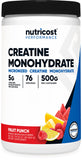 Nutricost creatina envase frontal mostrando etiqueta y sabor fruta punch, confianza de marca