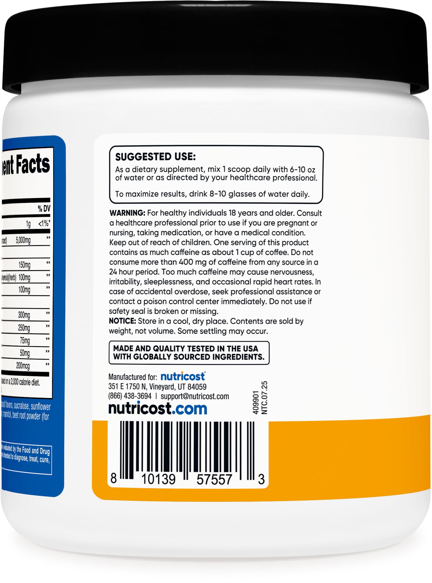 Nutricost creatine energy envase junto a mano para comparación de tamaño