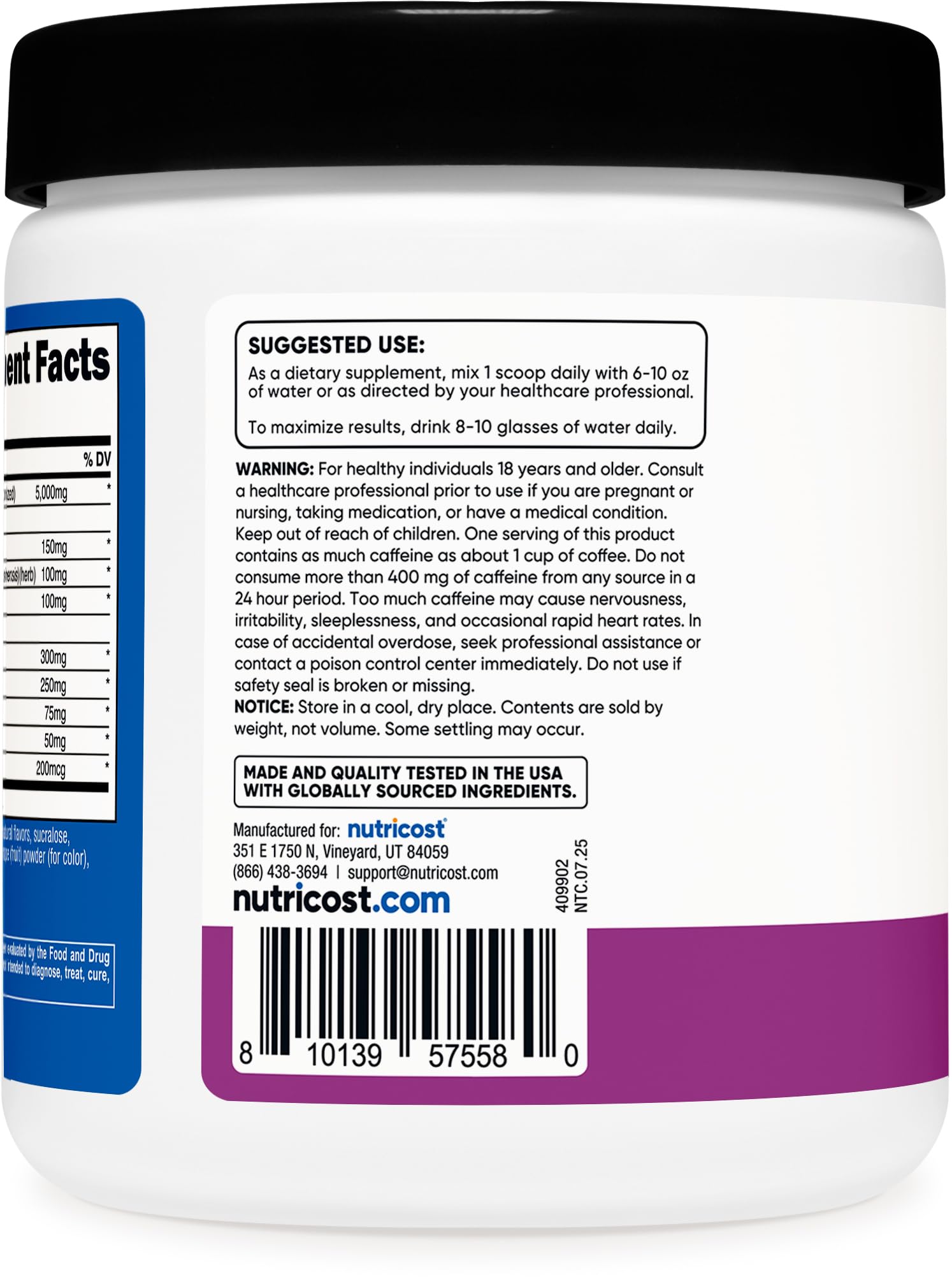 Nutricost envase junto a regla comparando tamaño y cantidad de servicios