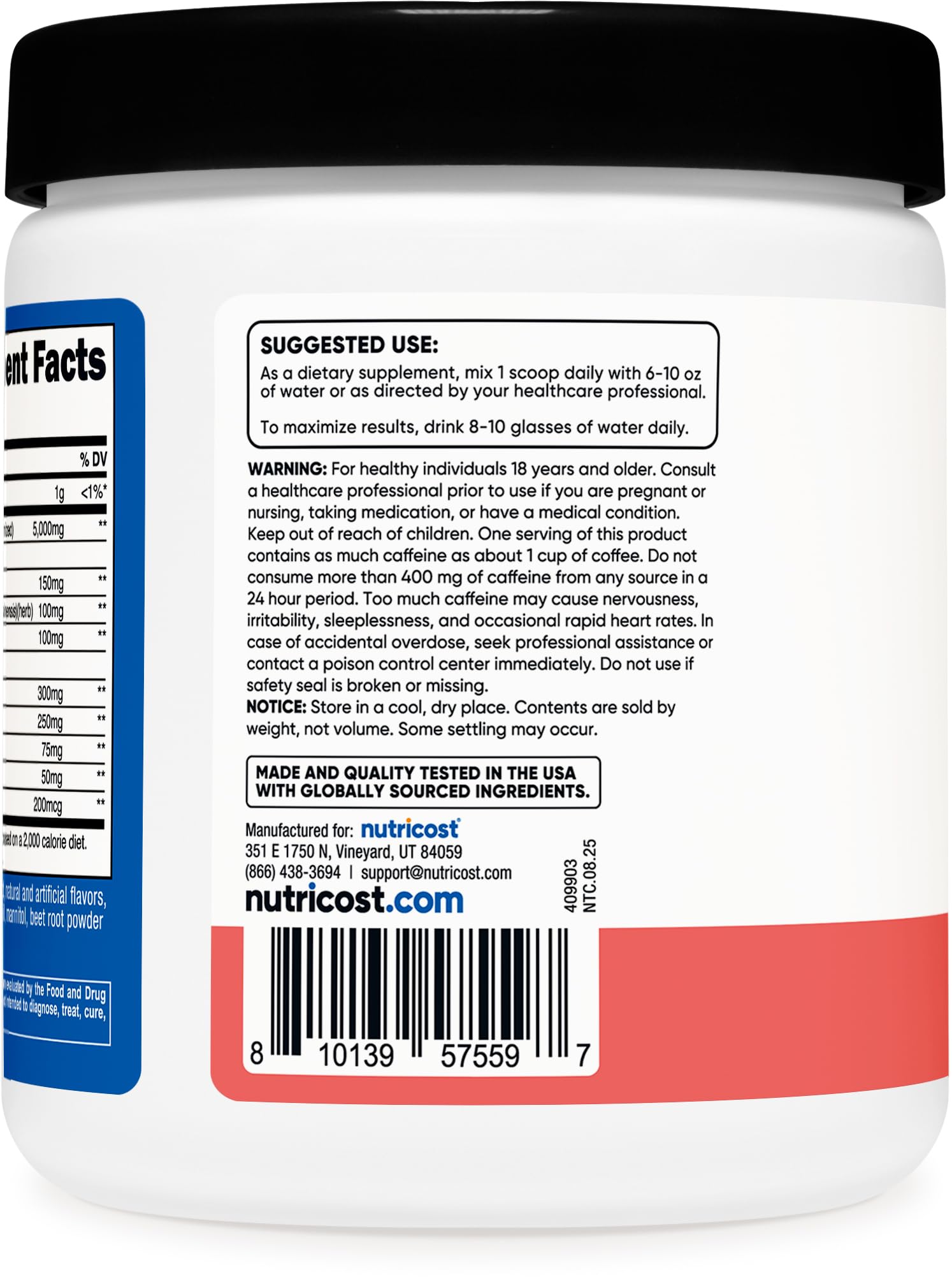 Nutricost envase junto a una mano para comparar tamaño y conveniencia