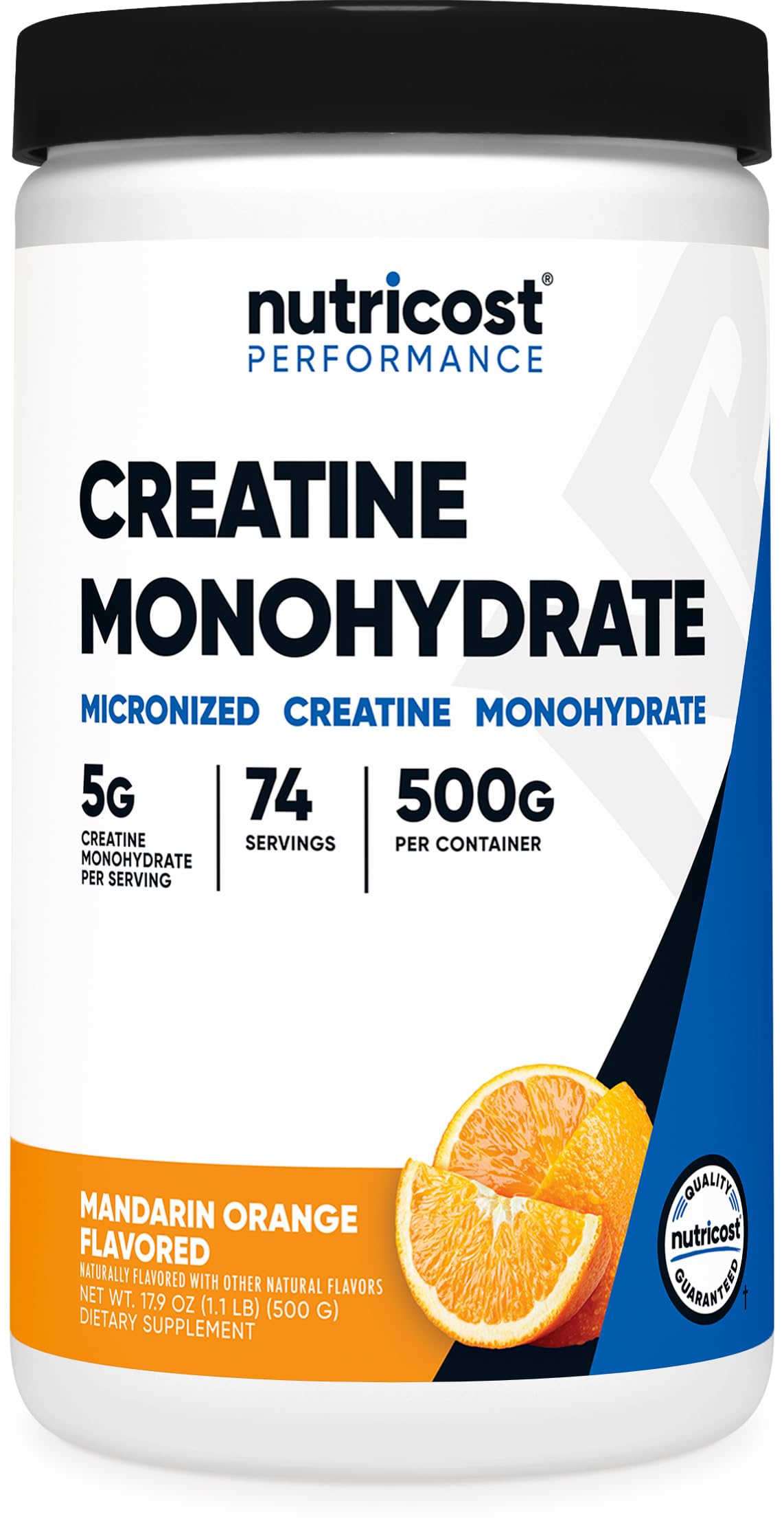 Nutricost creatine frente del envase mostrando el diseño y sabor mandarina
