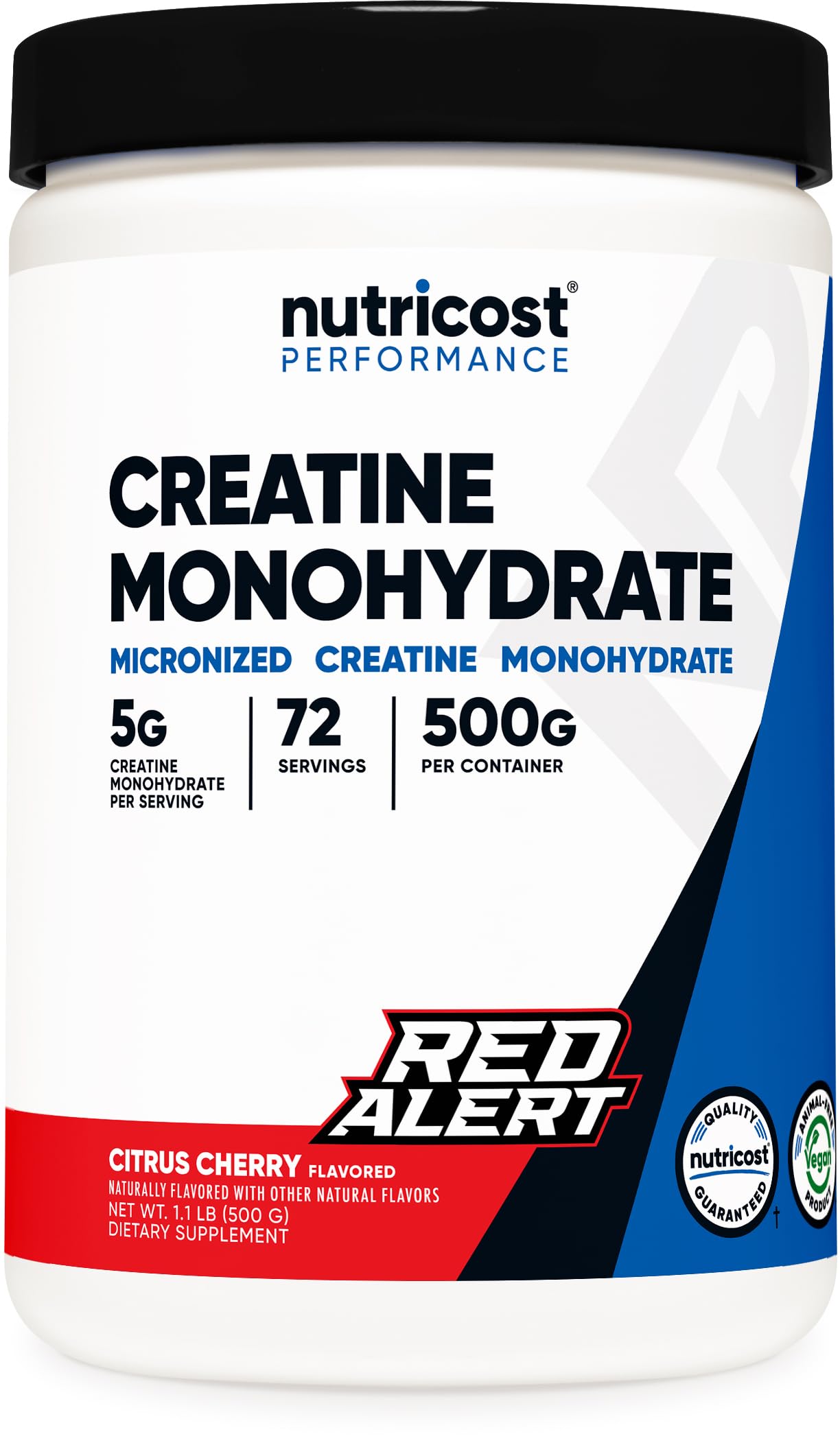 Nutricost creatine vista frontal del envase mostrando 500 g y etiqueta informativa