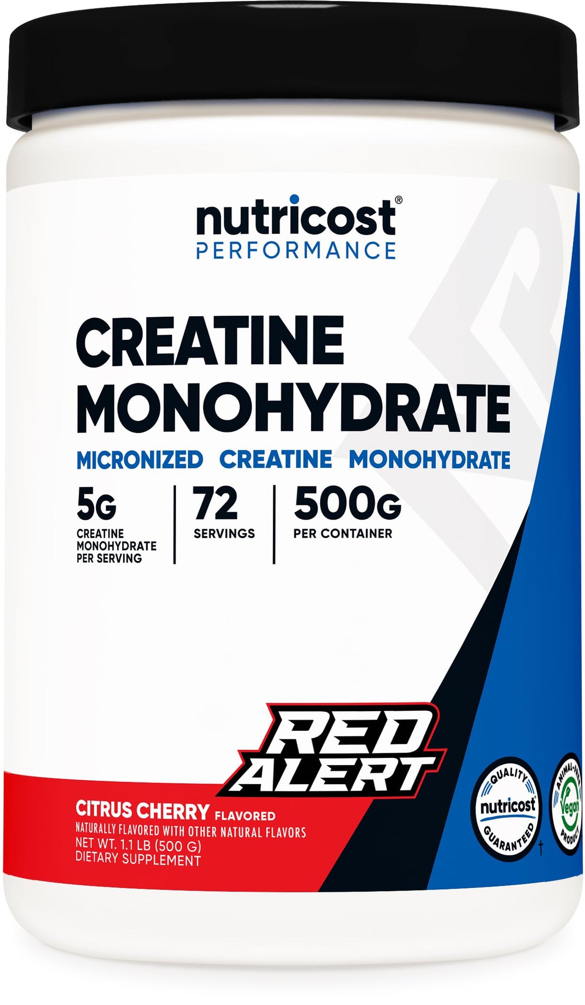 Nutricost creatine vista frontal del envase mostrando 500 g y etiqueta informativa