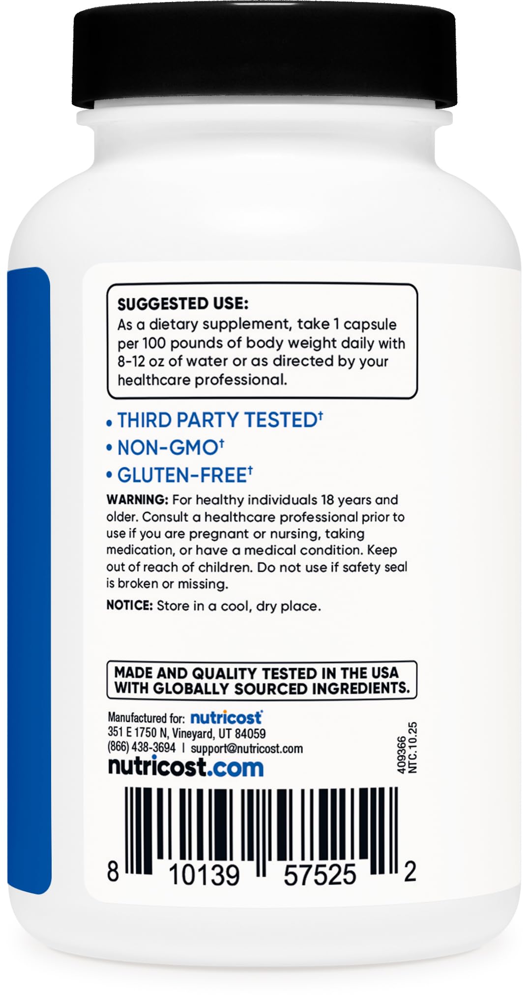 Comparación de tamaño de cápsula Nutricost Creatine HCl junto a una regla